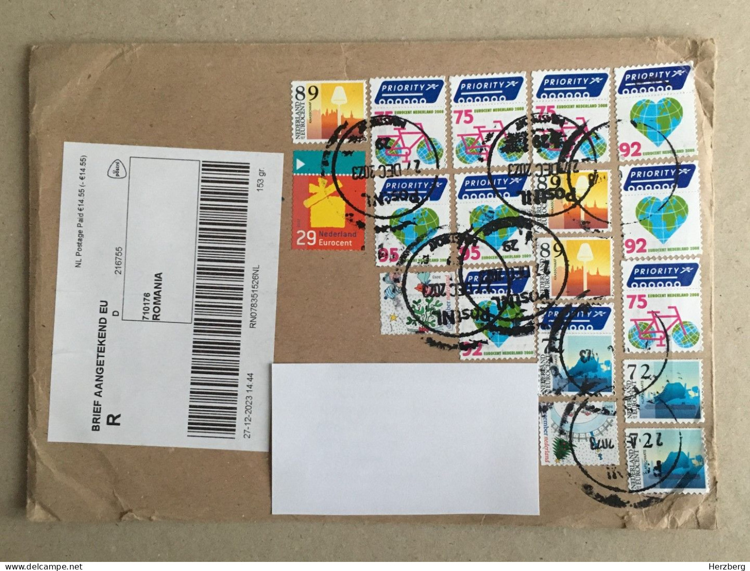 Netherlands Nederland Used Letter Stamp Cover Registered Barcode Label Printed Sticker Velo Bicycle Cycling 2023 - Lettres & Documents