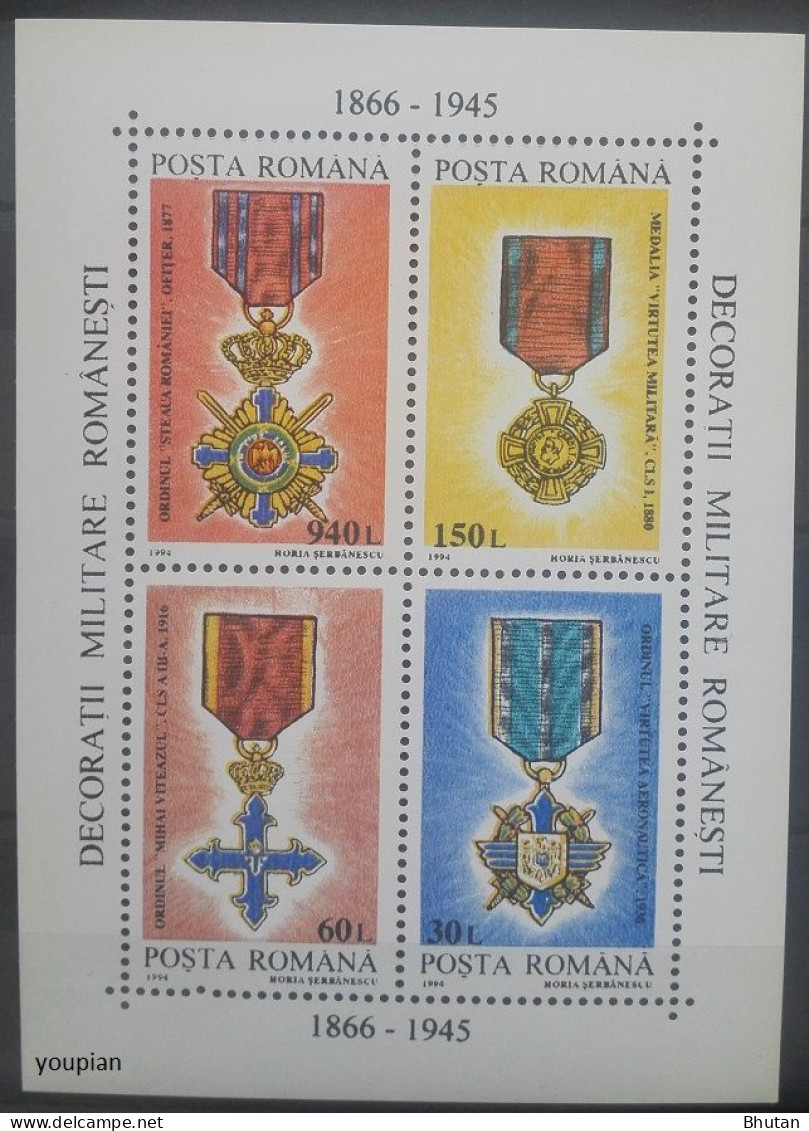 Romania 1994, Romanian Military Medals, MNH S/S - Nuevos
