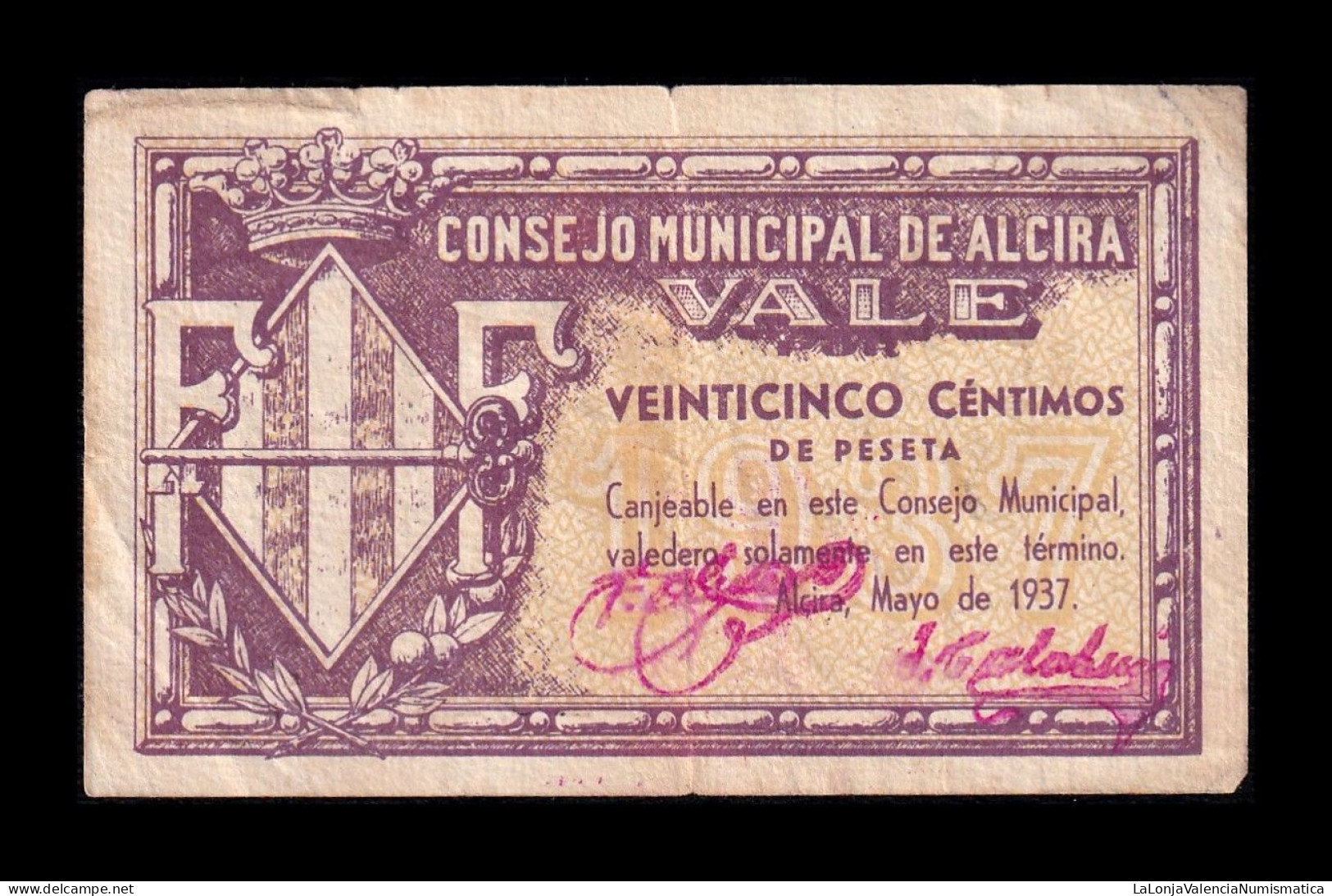 España Spain Billete Local Alcira 25 Céntimos 1937 Mbc Vf - Autres & Non Classés