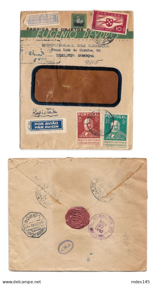Portugal Registered Multifranked Airmail Cover 1940 Lisboa To USA Backstamps - Lettres & Documents