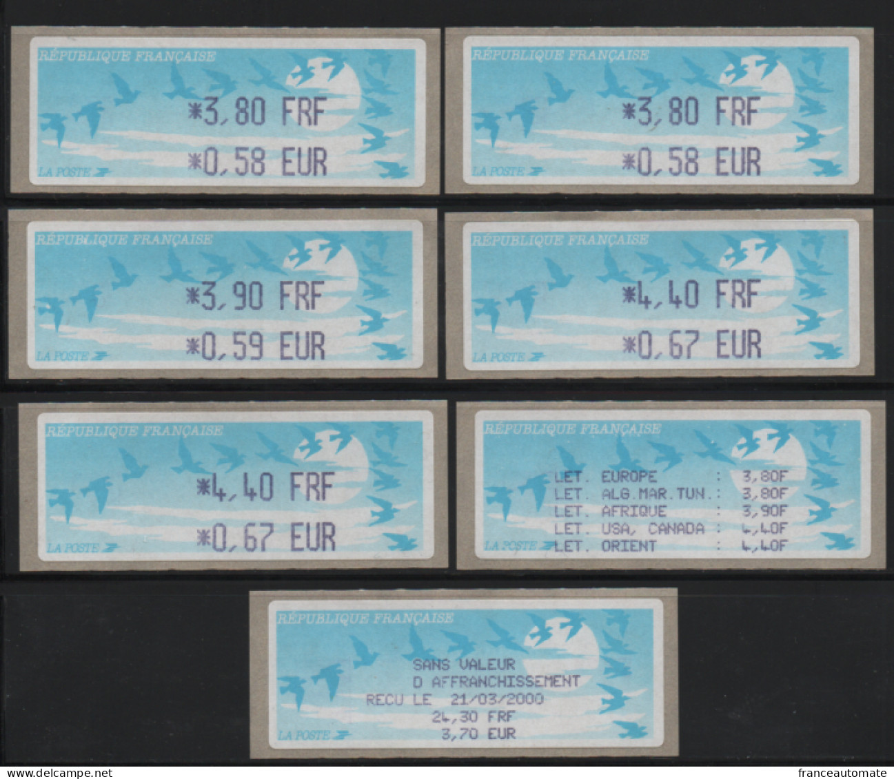 28 Atms, Lisa1, ENCRE NOIRE, Papier Oiseaux De Jubert TURQUOISE, LES DESTINATIONS DES TARIFS  A L'ECRAN AU 21/03/2000. - 1990 Type « Oiseaux De Jubert »