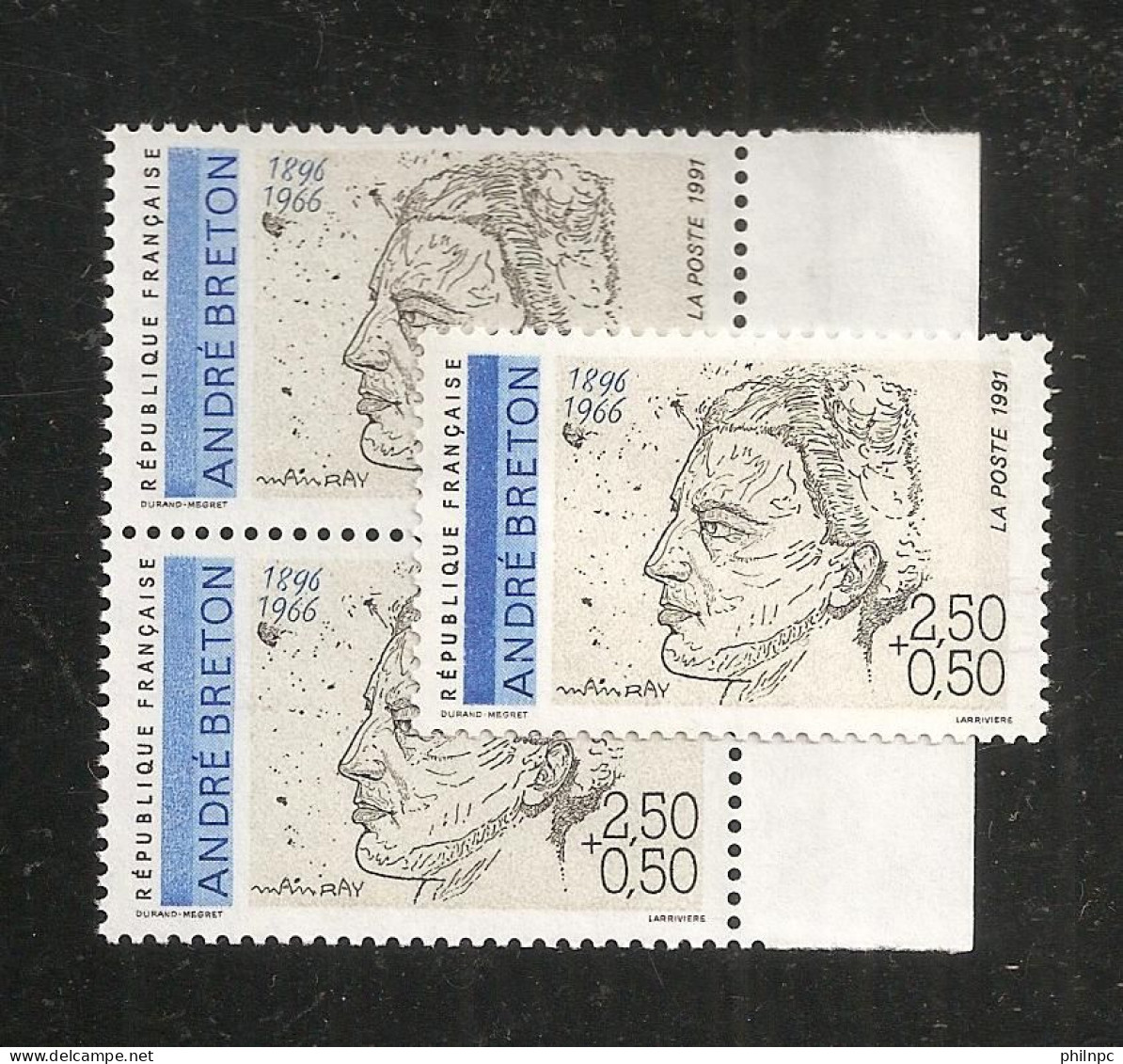 France, 2682a, Variété : Bleu Foncé ABSENT, Paire, Neuf **, TTB, André Breton, Poète - Nuovi