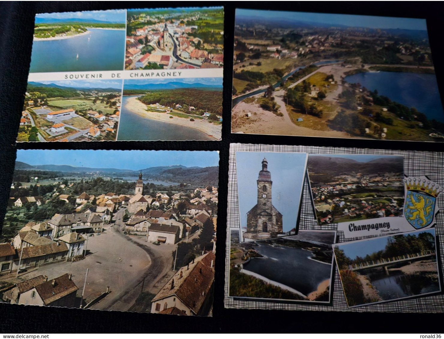 4 Cp 70 Haute Saone CHAMPAGNEY L'Eglise Vue Générale Aérienne écoles Les Ballastières Camping Bassin Pont Sur Le Rahin - Champagney