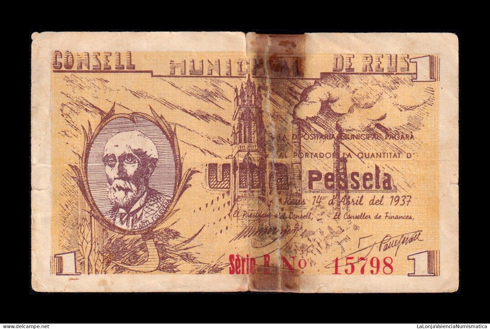 España Spain Billete Local Guerra Civil Reus 1 Peseta 1937 Bc- F- - Other & Unclassified