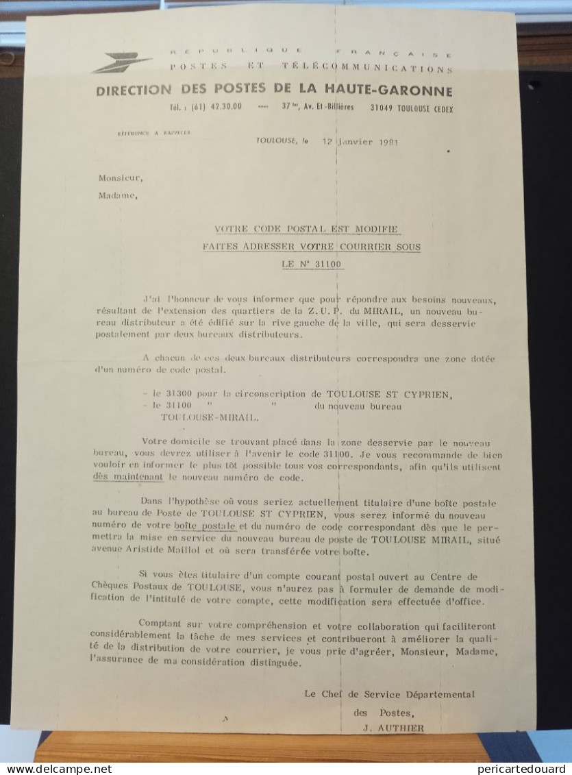 Code Postal. Note De La Direction Des Postes Pour Toulouse St Cyprien 31300 Et Toulouse Mirail 31100 - Briefe U. Dokumente