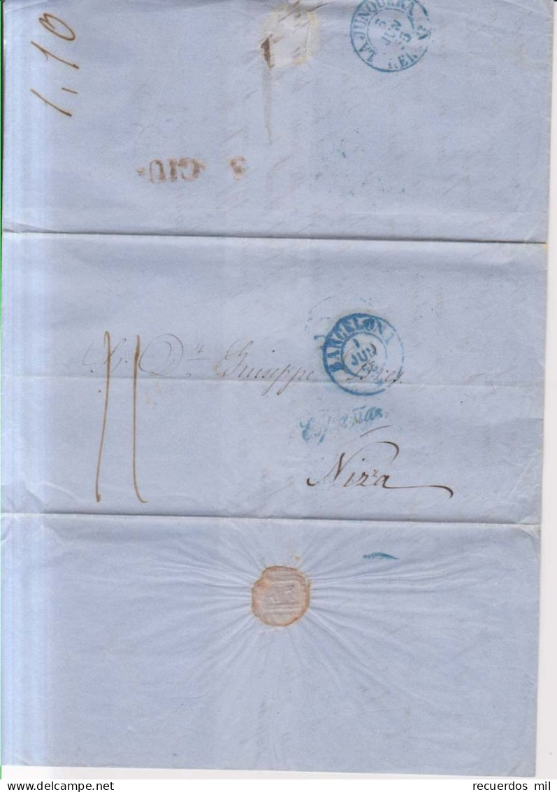 Prefilatelia Año 1855  Carta  A Francia Marcas Azul Barcelona 2 , España, La Junquera Membrete Gaspar Dotras - ...-1850 Prefilatelia