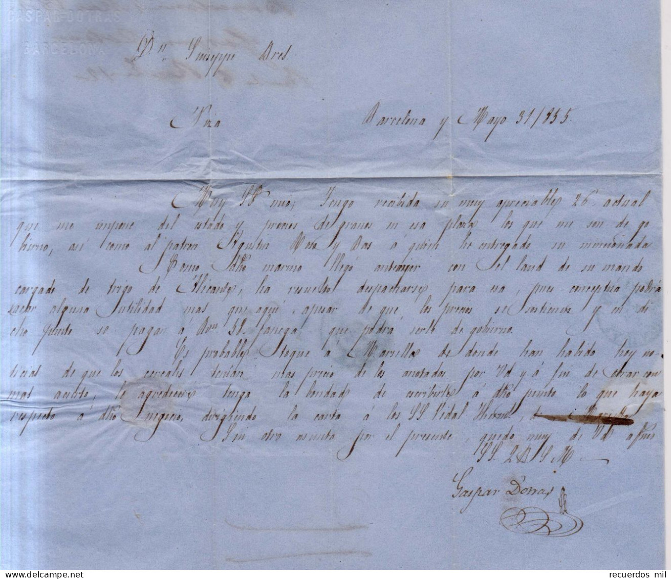 Prefilatelia Año 1855  Carta  A Francia Marcas Azul Barcelona 2 , España, La Junquera Membrete Gaspar Dotras - ...-1850 Prefilatelia