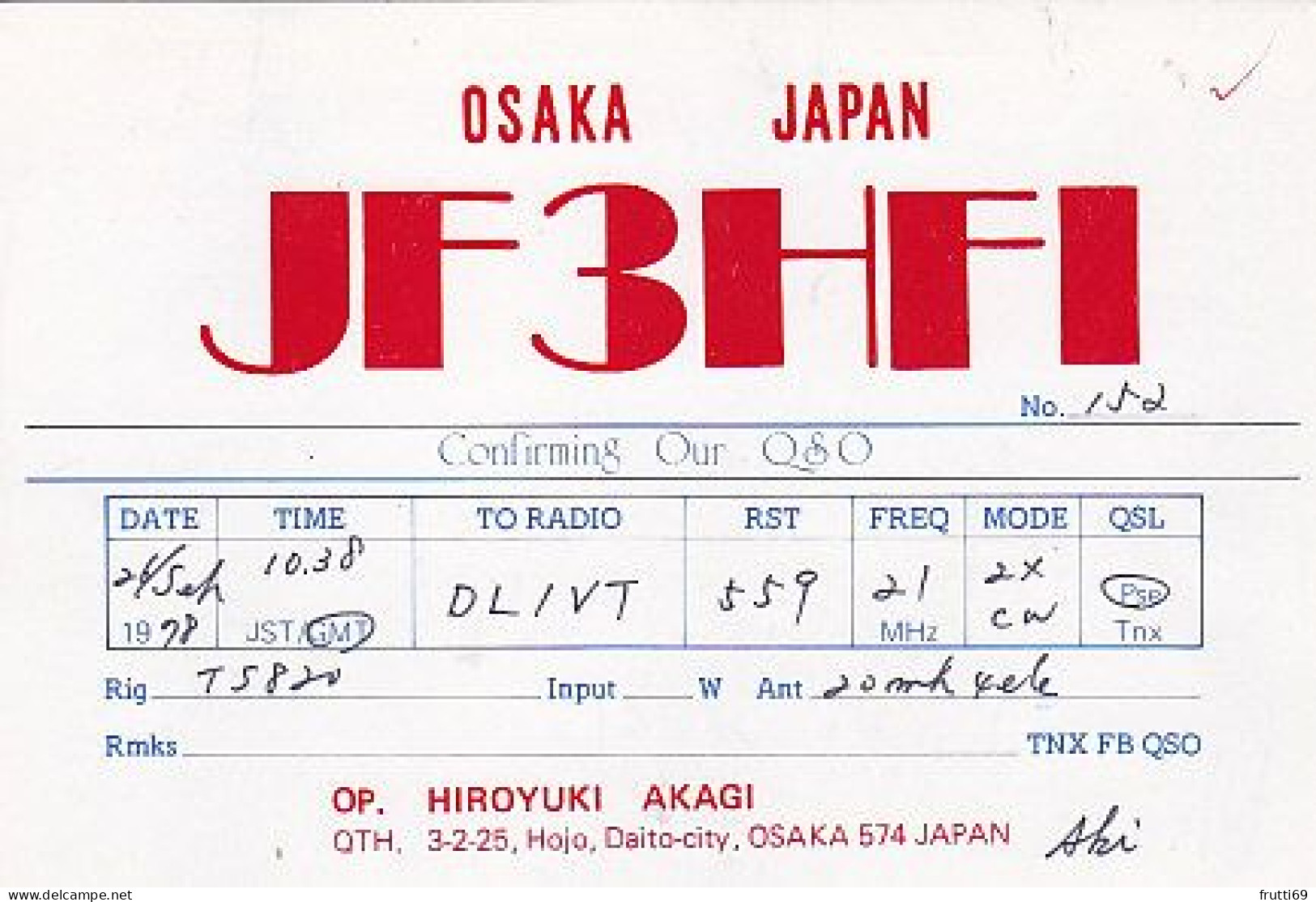 AK 203382 QSL - Japan - Daito / Osaka - Radio Amateur