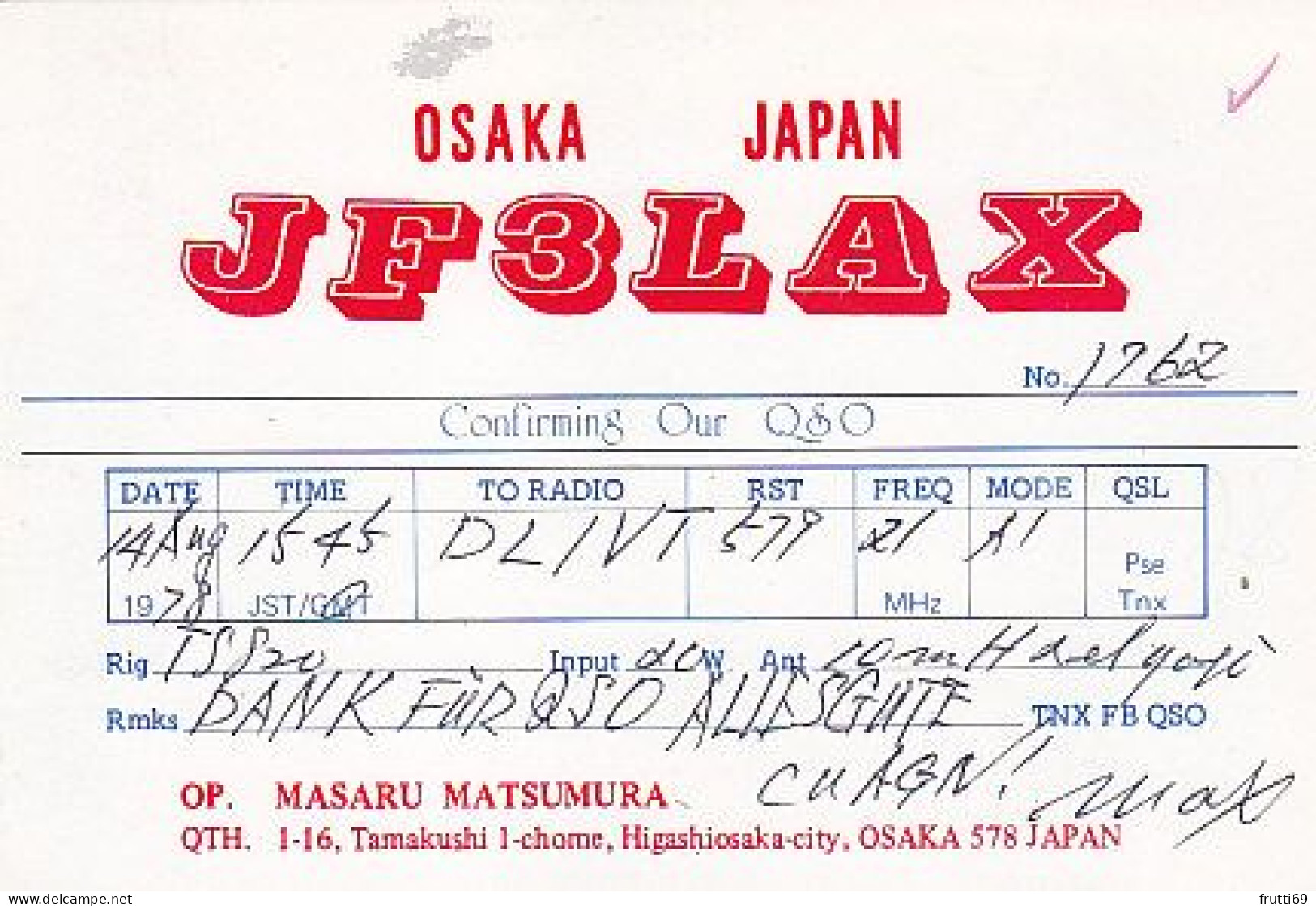 AK 203389 QSL - Japan - Osaka / Higashiosaka - Radio Amateur