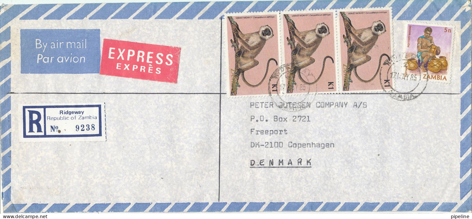 Zambia Registered Air Mail Cover Sent Express To Denmark 19-5-1985 Topic Stamps (from The Embassy Of Yugoslavia Lusaka) - Zambia (1965-...)