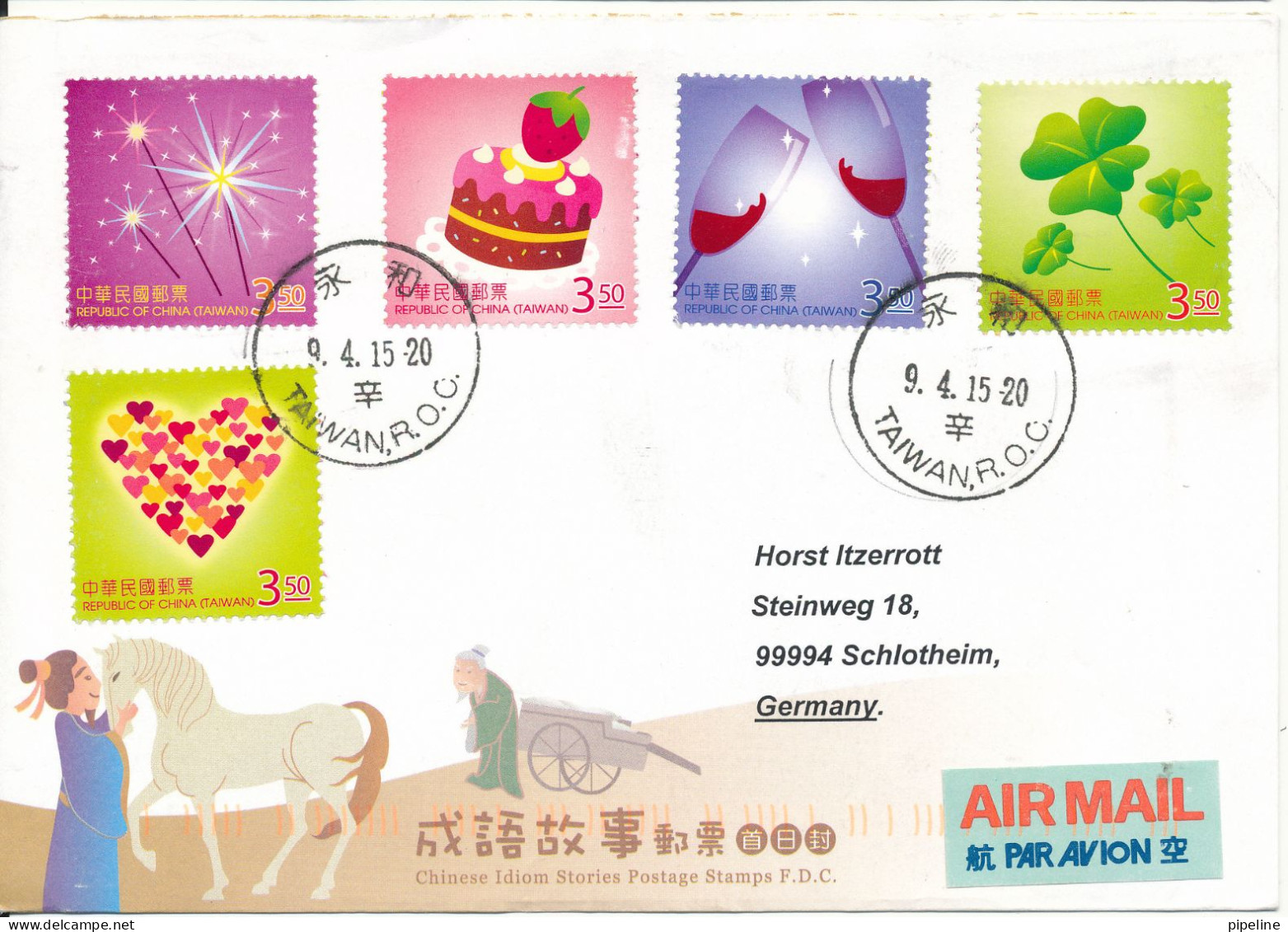 Taiwan Cover Sent To Germany 9-4-2015 Topic Stamps Set Of 5 Chinese Idiom Stories Postage Stamps - Cartas & Documentos