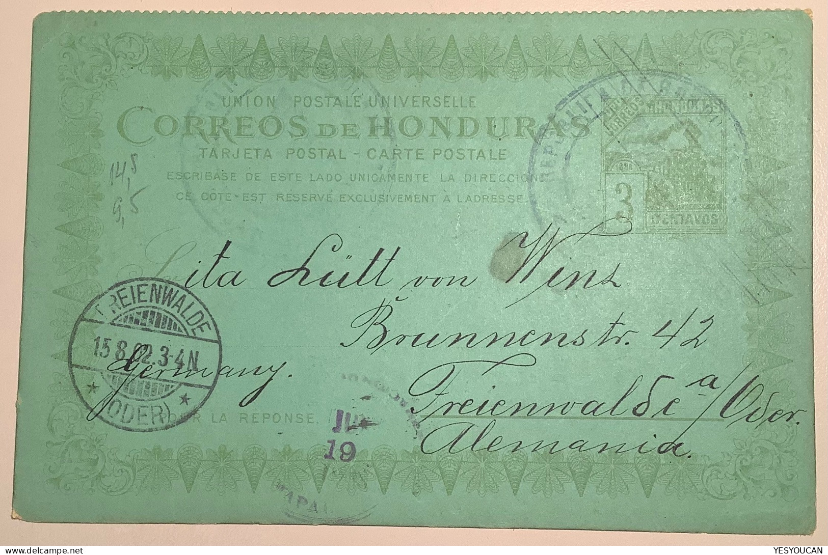 Honduras Very Rare ADUANA AMAPALA 1902 ! 3c Train Provisional Postal Stationery Reply Card H&G 36 - Honduras