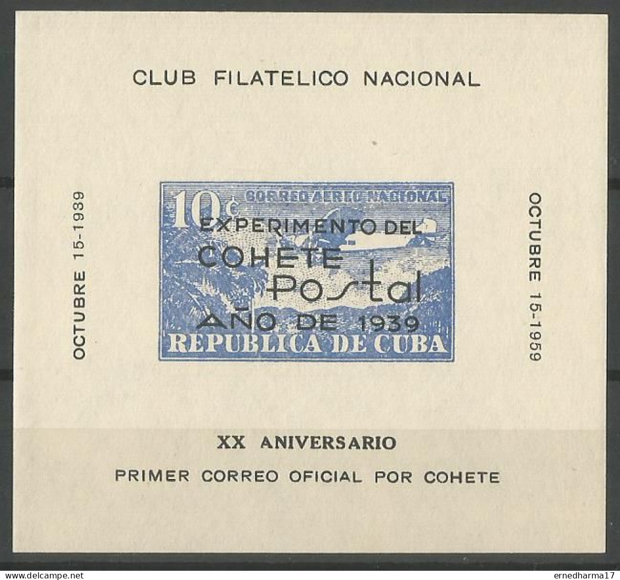 CUBA 1959. MNH 3 Sheets Commemorating XX Anniversary The First Experimental Rocket Flight. Hojita XX Aniversario Cohete - Unused Stamps
