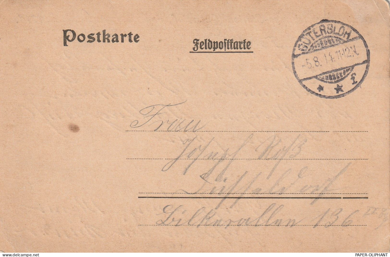 4830 GÜTERSLOH, Postgeschichte, Feldpostkarte 1914, Militärverpflegungs-Station Gütersloh - Guetersloh