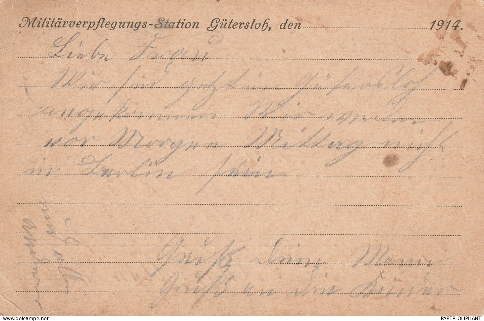 4830 GÜTERSLOH, Postgeschichte, Feldpostkarte 1914, Militärverpflegungs-Station Gütersloh - Gütersloh