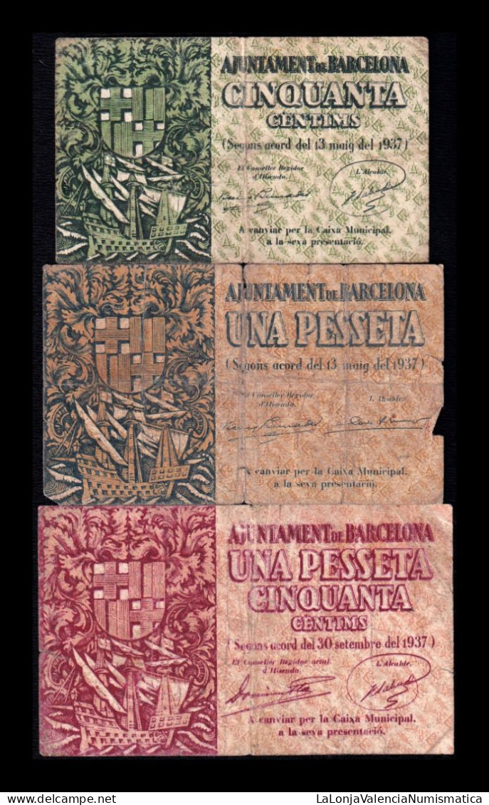 España Spain Set 3 Billetes Locales Barcelona 50 Céntimos 1 1,50 Pesetas 1937 Bc/Mbc F/Vf - Andere & Zonder Classificatie