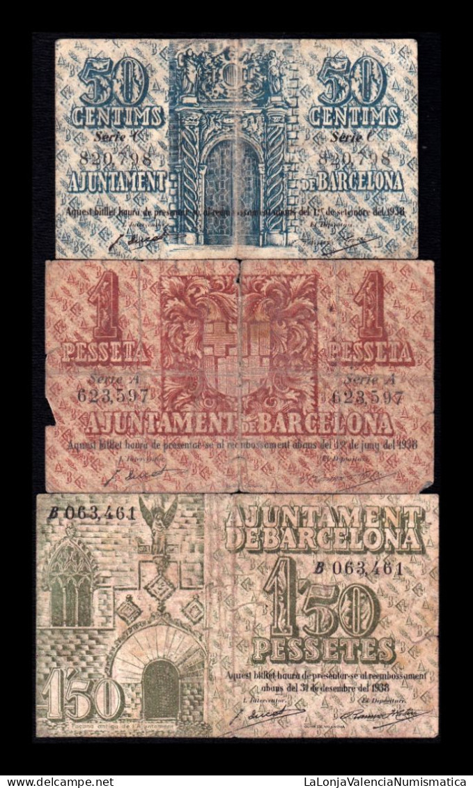 España Spain Set 3 Billetes Locales Barcelona 50 Céntimos 1 1,50 Pesetas 1937 Bc/Mbc F/Vf - Andere & Zonder Classificatie