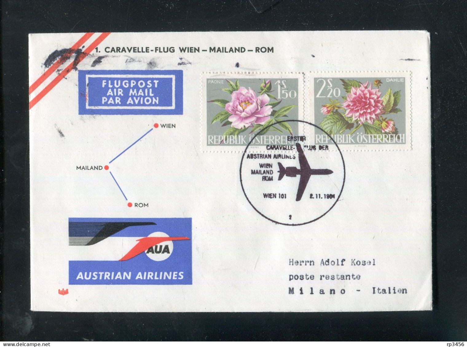 "OESTERREICH" 1964, AUA-Caravelle-Erstflugbrief "Wien-Milano" (80107) - Erst- U. Sonderflugbriefe