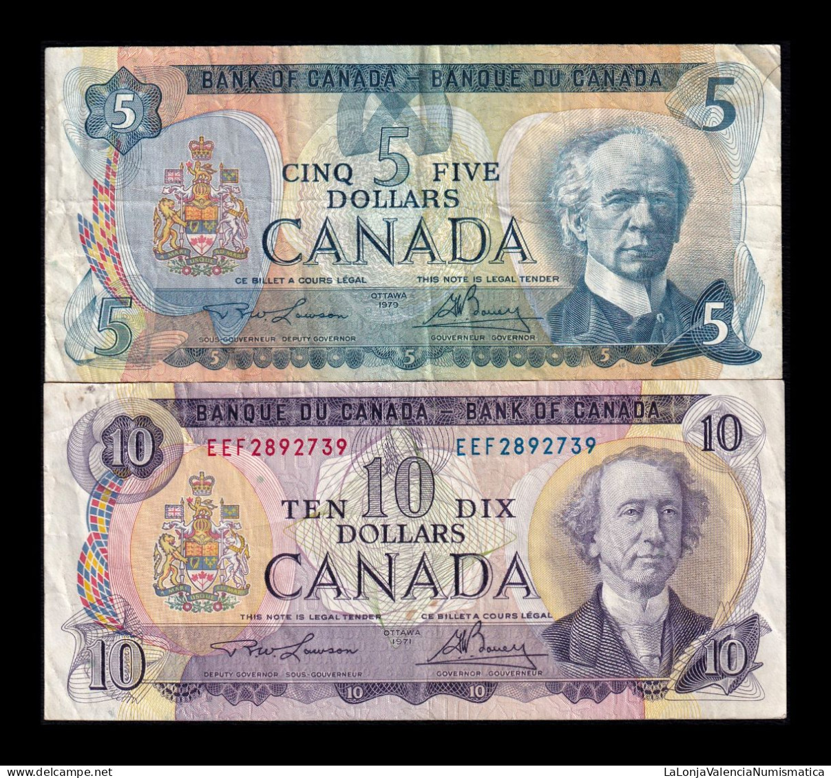 Canadá Set 2 Billetes 5 10 Dollars 1971 1979 Pick 87b 88c Bc/Mbc F/Vf - Canada