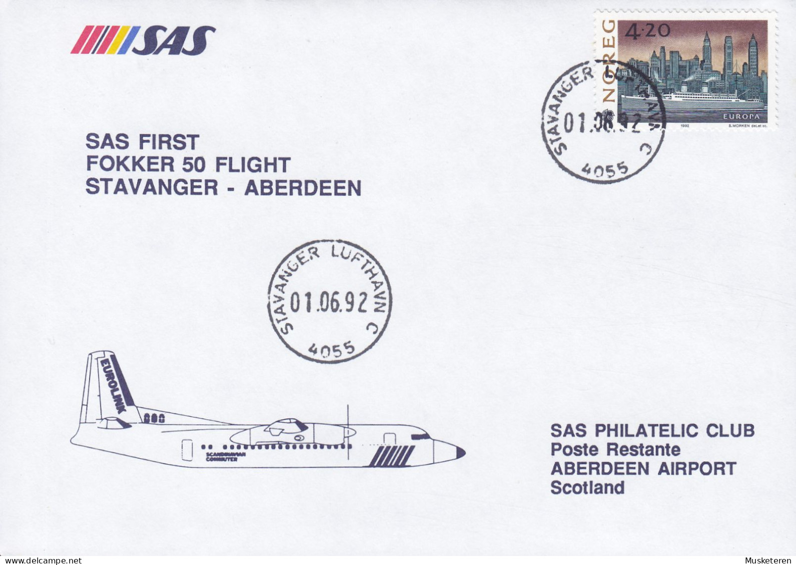 Norway SAS First Fokker F-27 Flight STAVANGER-ABERDEEN, STAVANGER LUFTHAVN 1992 Cover Brief Europa CEPT - Covers & Documents