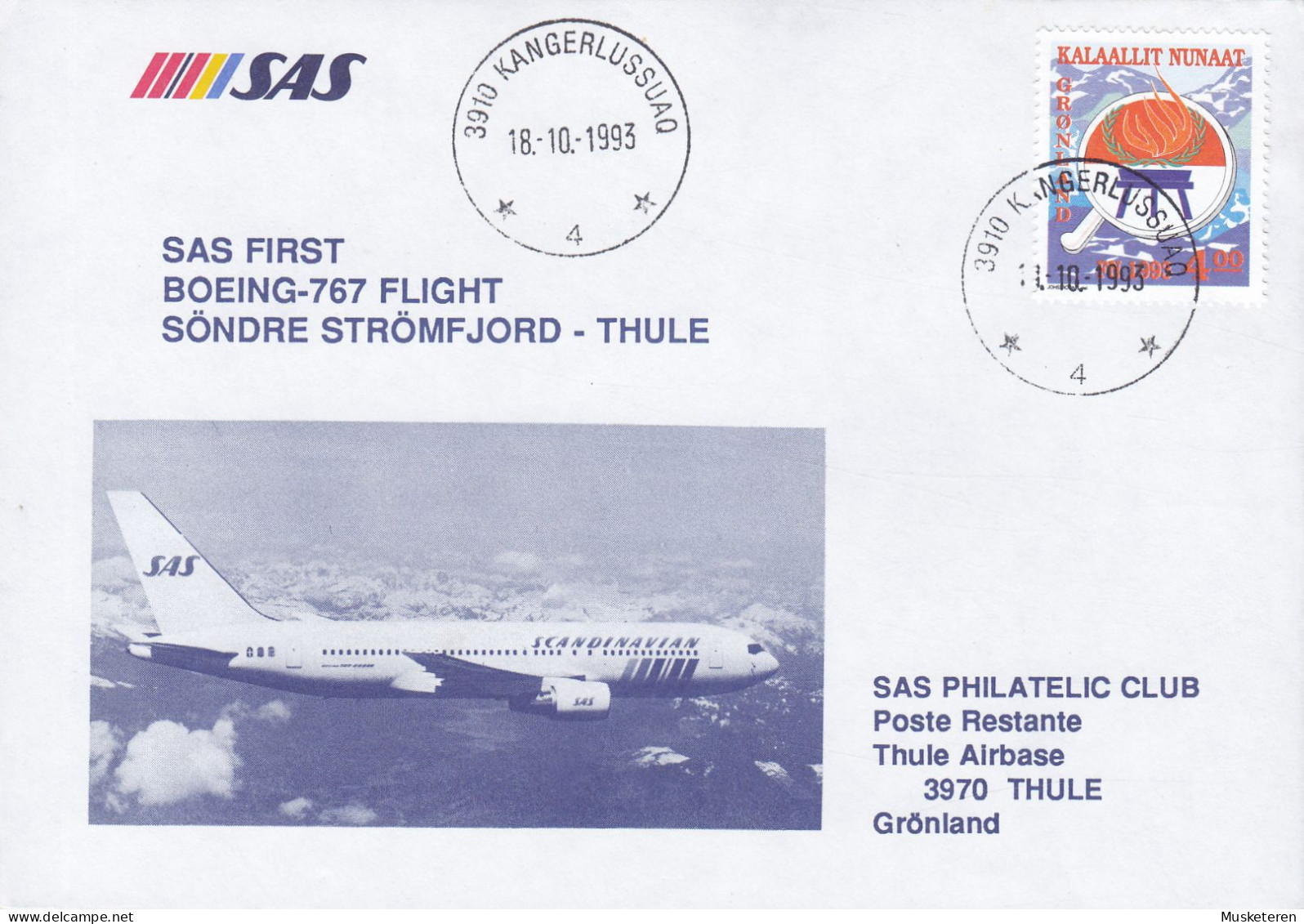 Greenland SAS First BOEING-767 Flight SÖNDRE STRÖMFJORD-THULE, KANGERLUSSUAQ 1993 Cover Brief Lettre - Storia Postale