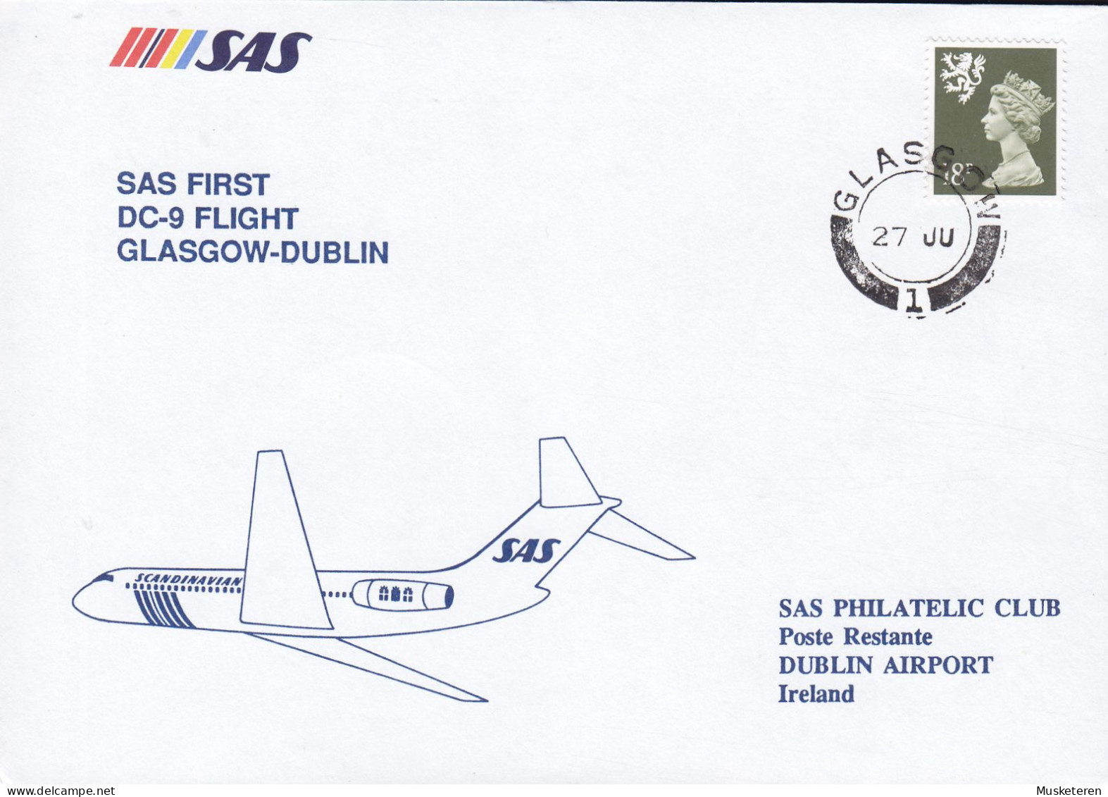Great Britain SAS First DC-9 Flight GLASGOW-DUBLIN, GLASGOW 1988 Cover Brief Lettre 18p. QEII. Regional Issue Stamp - Ecosse