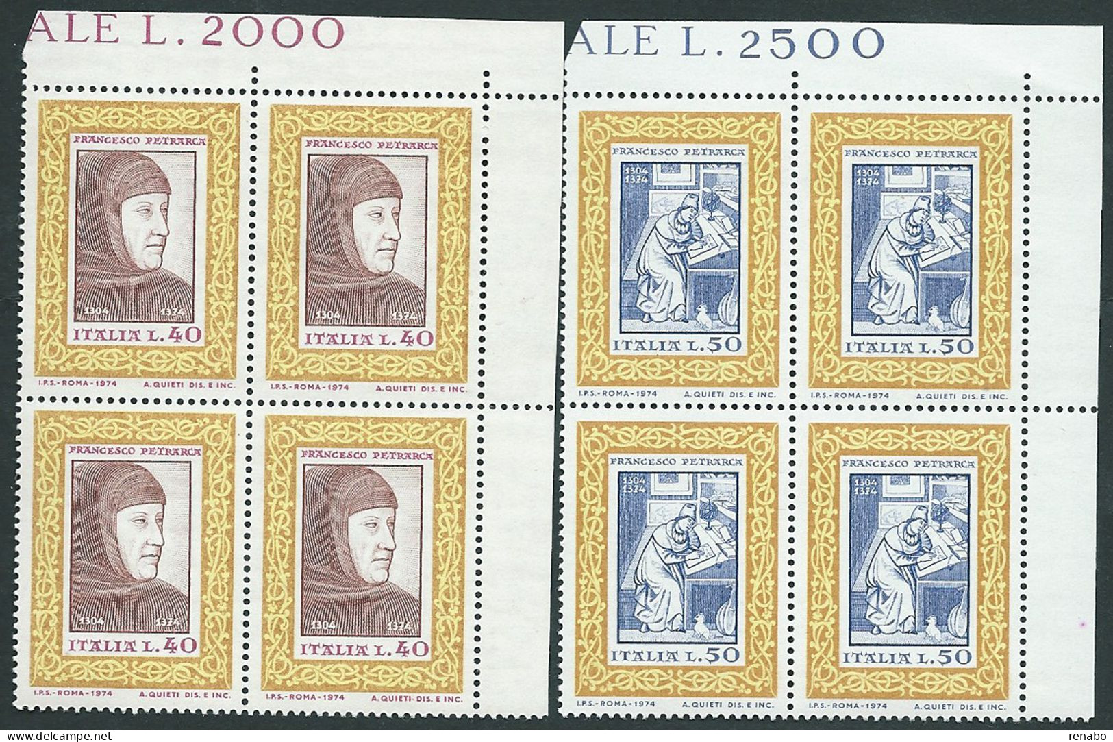 Italia 1974; Francesco Petrarca, Anniversario Della Morte. Serie Completa: Quartine D' Angolo. - 1971-80:  Nuovi