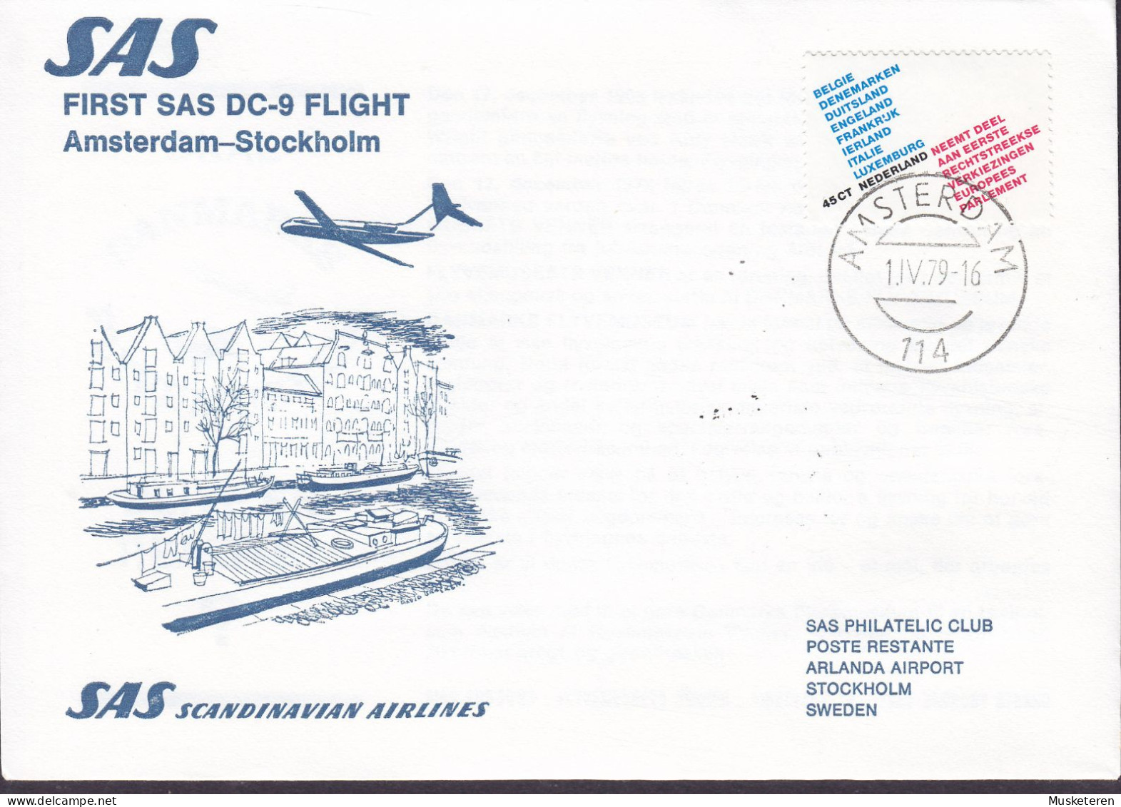 Netherlands First SAS DC-9 Flight AMSTERDAM-STOCKHOLM 1979  Cover Brief Lettre Europe Parliament Stamp - Airmail