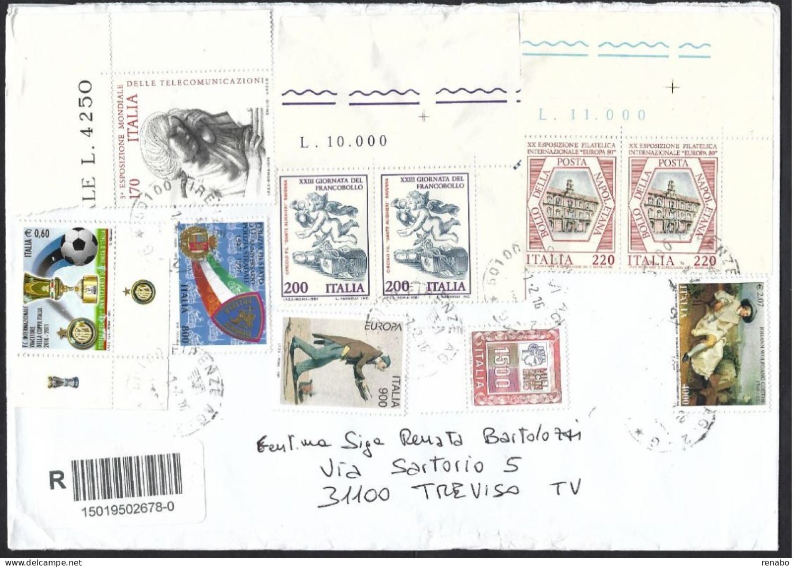 Storia Postale Da Firenze A Treviso 2016, Raccomandata Con Affrancatura Mista: Inter Coppa Italia, Goethe, Polizia Strad - 2011-20: Cartas & Documentos