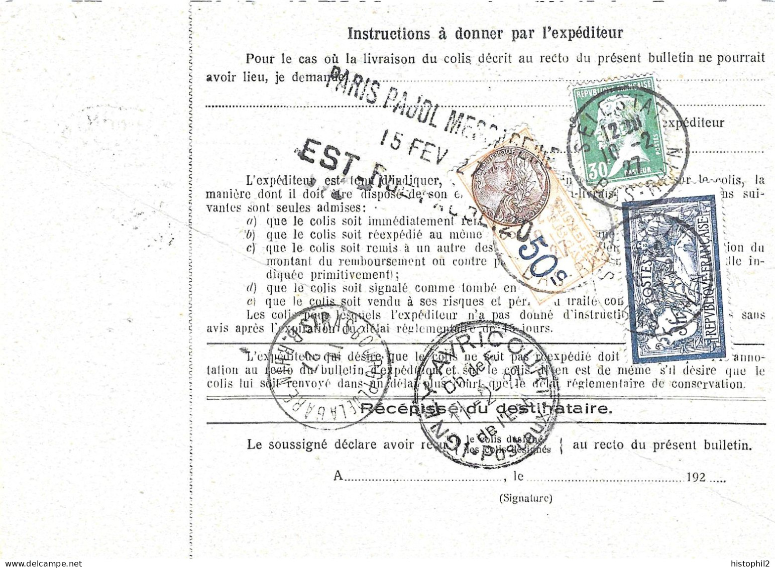 Bulletin Colis VD 3,7 Kg Bureau De Poste Sélestat Pour Réexpédition 10/2/1927 Dernier Jour Timbre 5F Merson Non Perforé - Brieven En Documenten