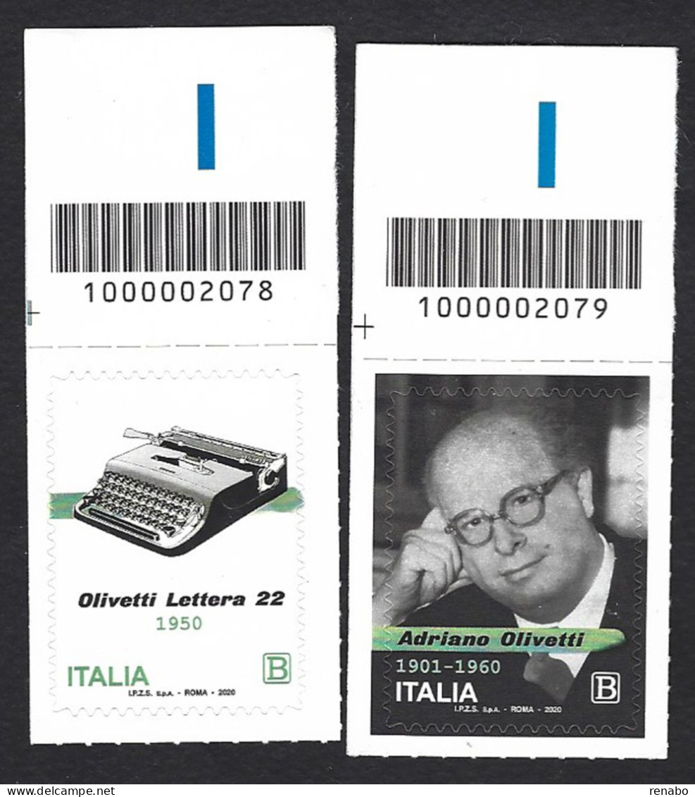 Italia 2020; Macchina Per Scrivere Olivetti Lettera 22 + Fotografia Di Adriano Olivetti, Serie Completa, Barre Superiori - Code-barres