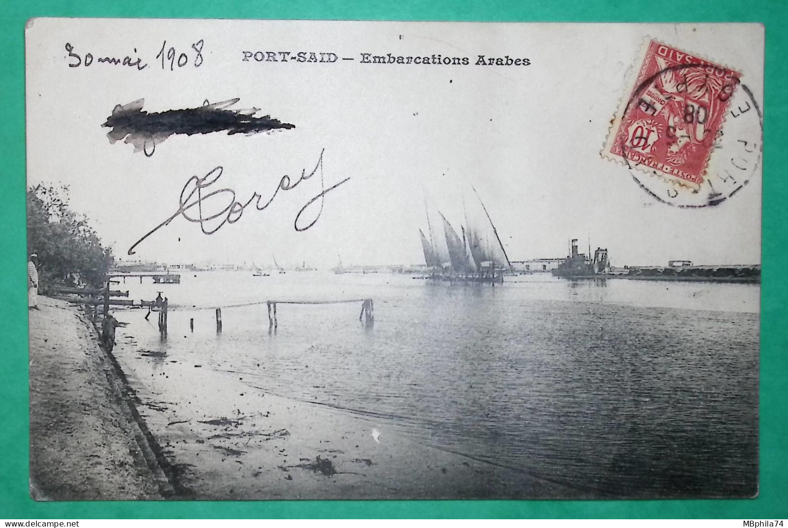 10C MOUCHON RETOUCHE PORT SAÏD EGYPTE CARTE POSTALE POUR PARIS 1908 LETTRE COVER FRANCE - Storia Postale