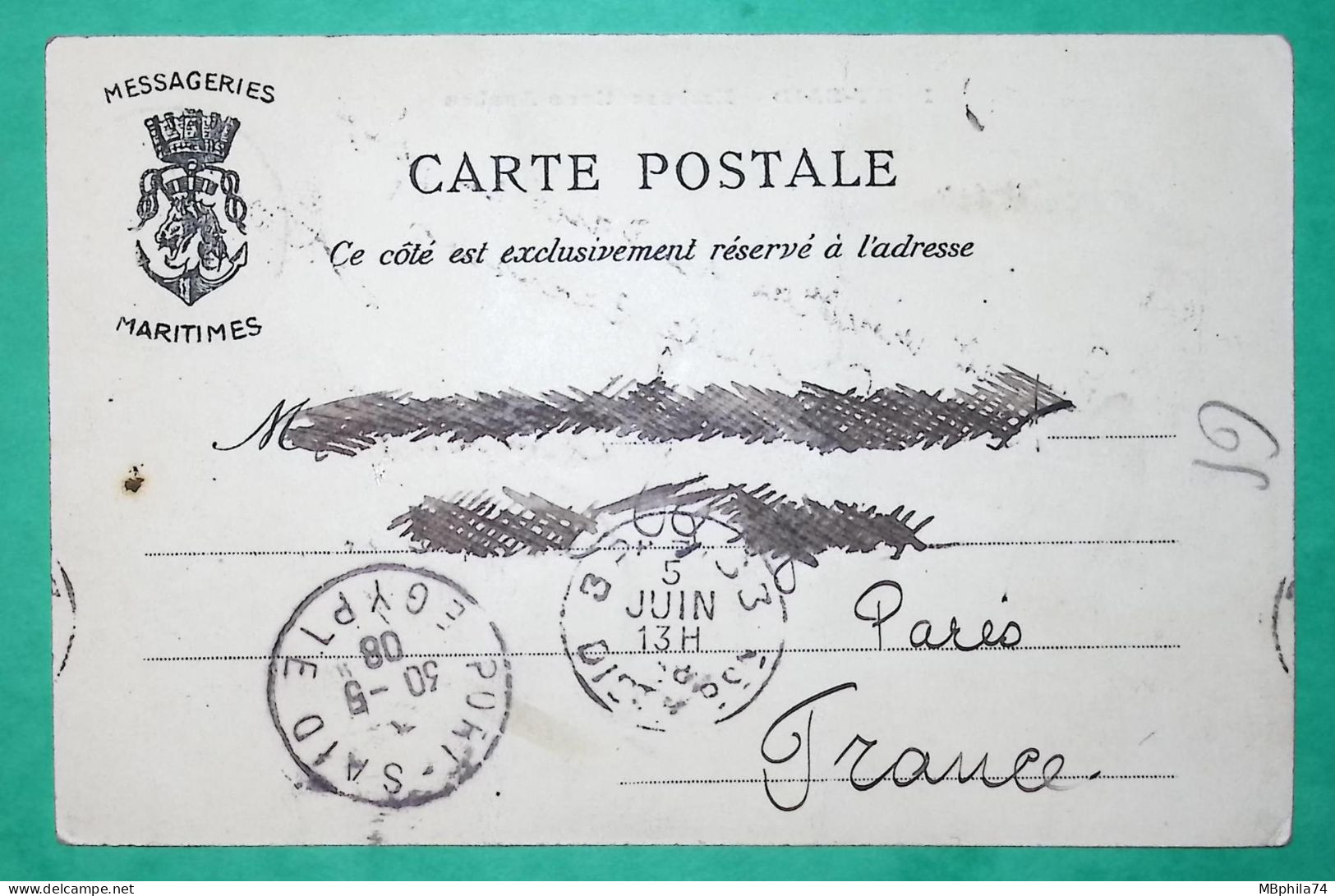 10C MOUCHON RETOUCHE PORT SAÏD EGYPTE CARTE POSTALE POUR PARIS 1908 LETTRE COVER FRANCE - Storia Postale