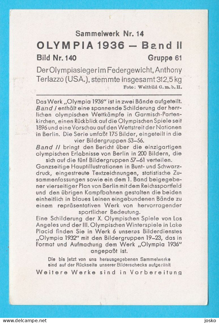 OLYMPIC GAMES BERLIN 1936 - WEIGHTLIFTING Gold Medalist ANTHONY TERLAZZO * Haltérophilie Gewichtheben Sollevamento Pesi - Tarjetas