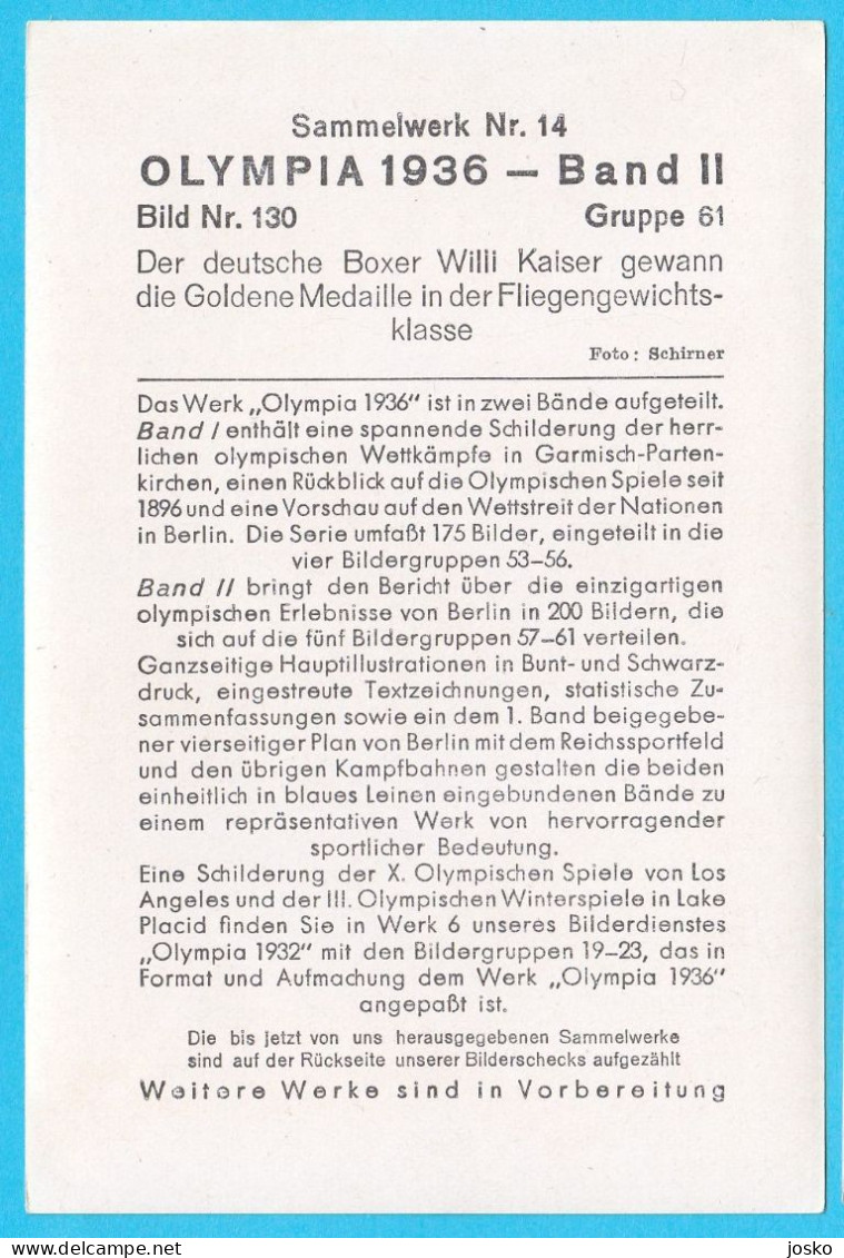 OLYMPIC GAMES BERLIN 1936 - BOXING Gold Medalist WILLI KAISER (Germany) * Boxe Boxeo Boxen - Trading Cards