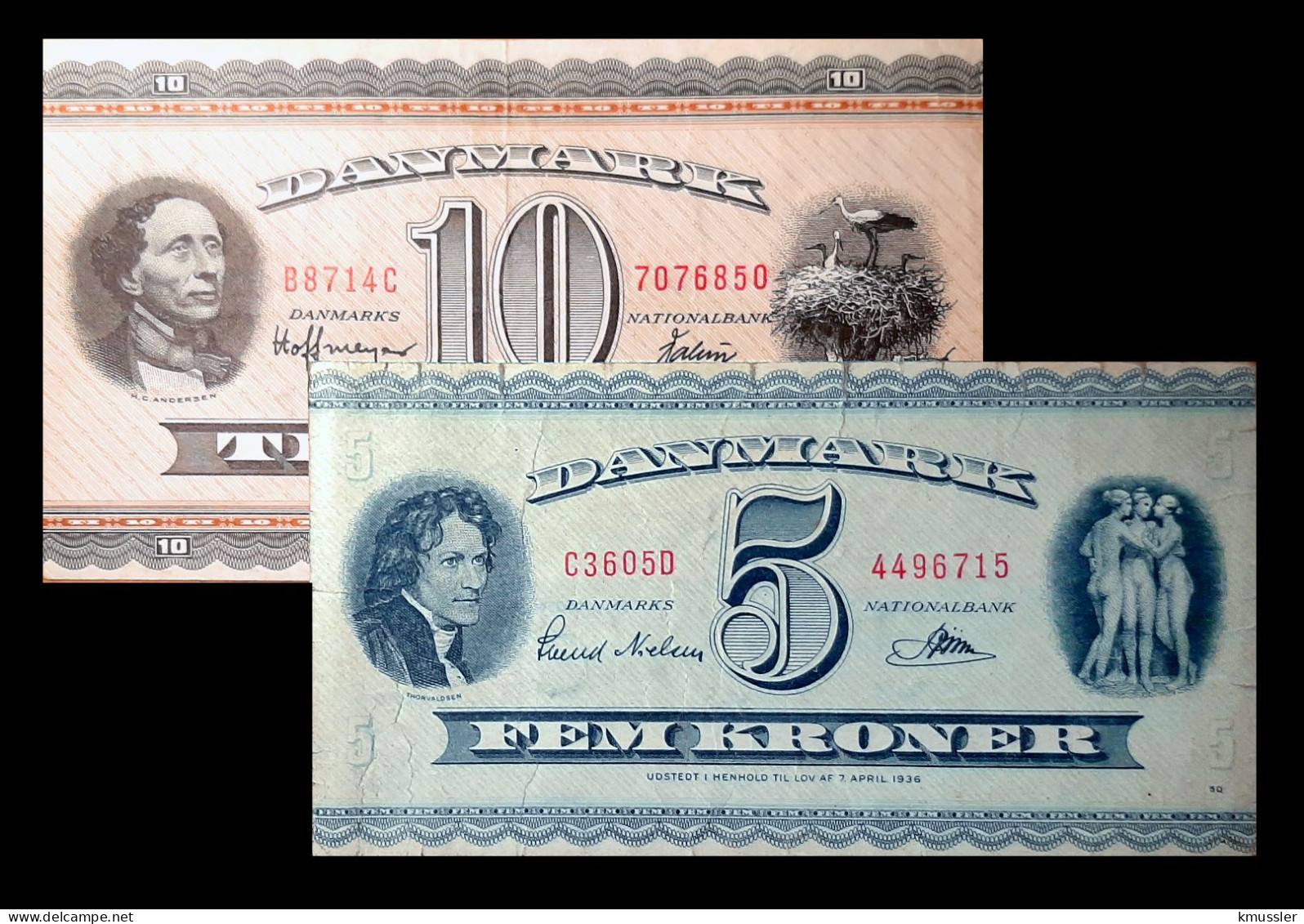 # # # Paar Banknoten Dänemark (Denmark) 5 + 10 Kroner 1936 # # # - Dinamarca