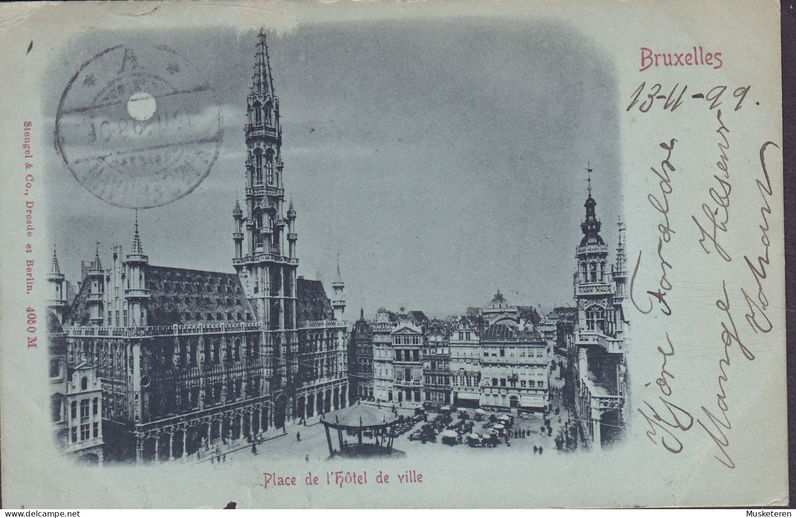 Belgium CPA Bruxelles Place De L'Hôtel De Ville Stengel & Co. BRUXELLES DEPART 1899 Brotype KØBENHAVN V. Denmark (Arr.) - Brussel Bij Nacht