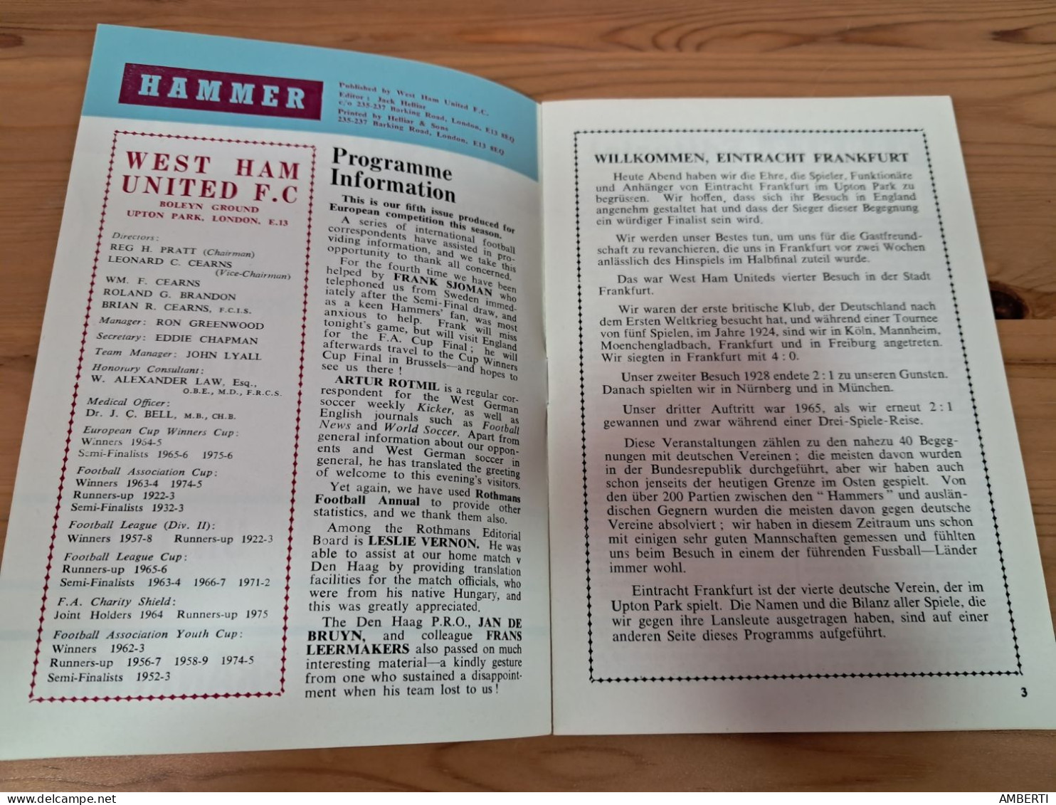 Programa West Ham Eintranch Frankfurt Semifinal Recopa 1975/76 - Deportes