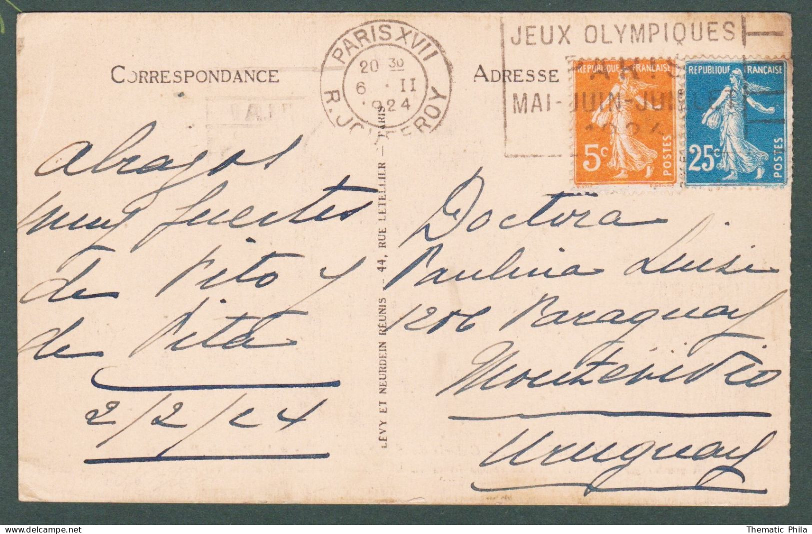 France Francia 6.2.1924 Flamme Meter JEUX OLYMPIQUES MAI-JUIN-JUILLET 1924 To Uruguay Reception Montevideo Olympic Games - Estate 1924: Paris