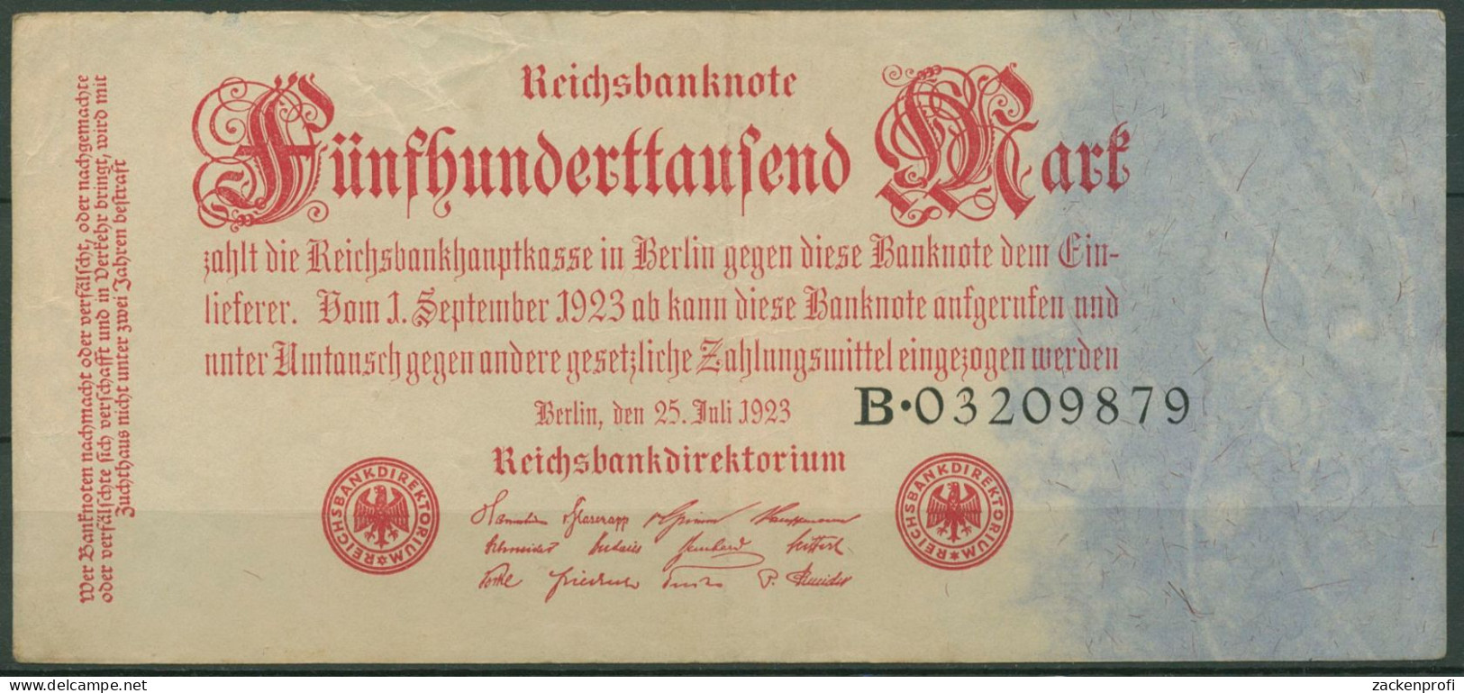Dt. Reich 500000 Mark 1923, DEU-103a Serie B, Gebraucht (K1323) - 500.000 Mark