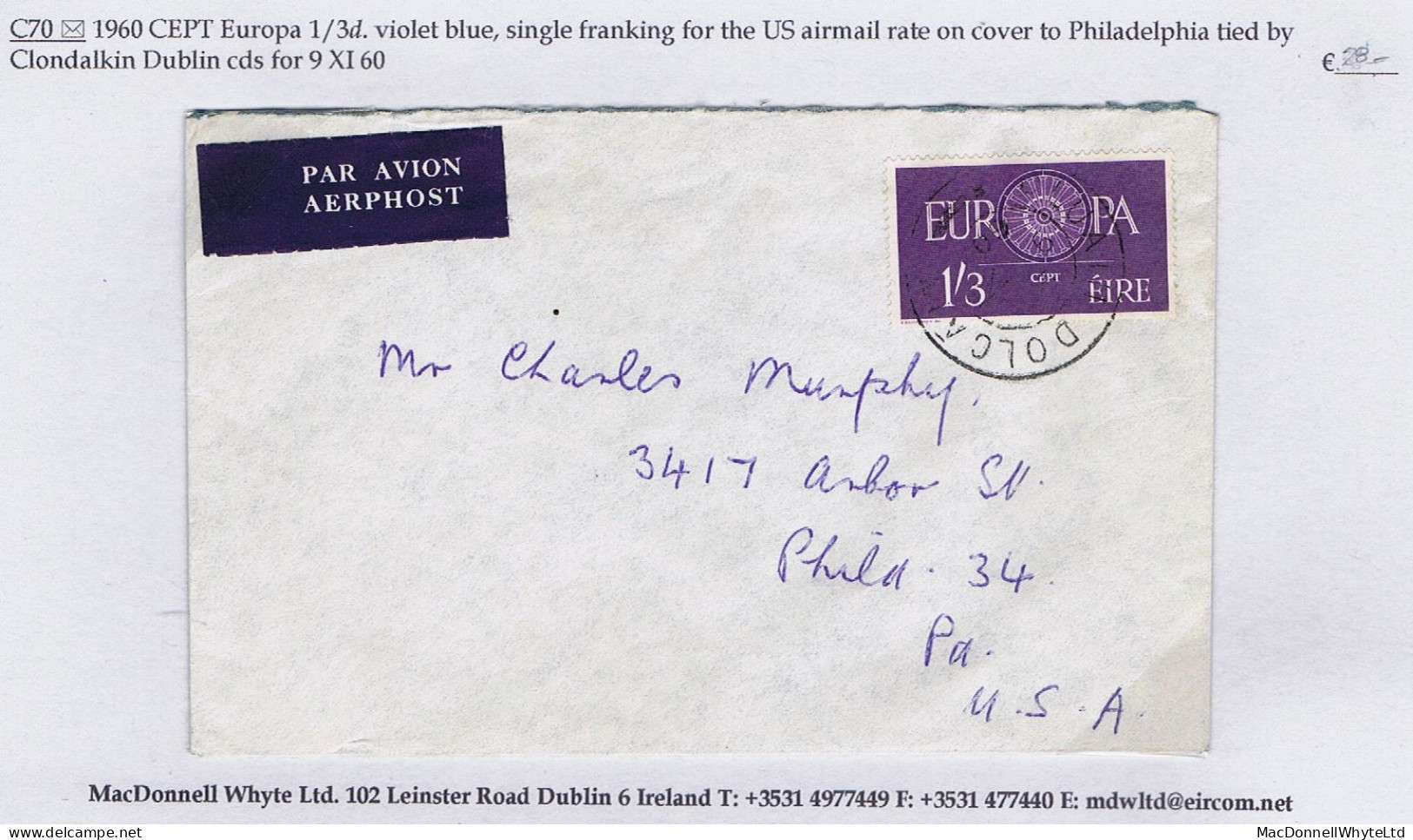 Ireland 1960 CEPT Europa 1/3d Used On Airmail Cover To USA, Clondalkin Dublin Cds - Storia Postale