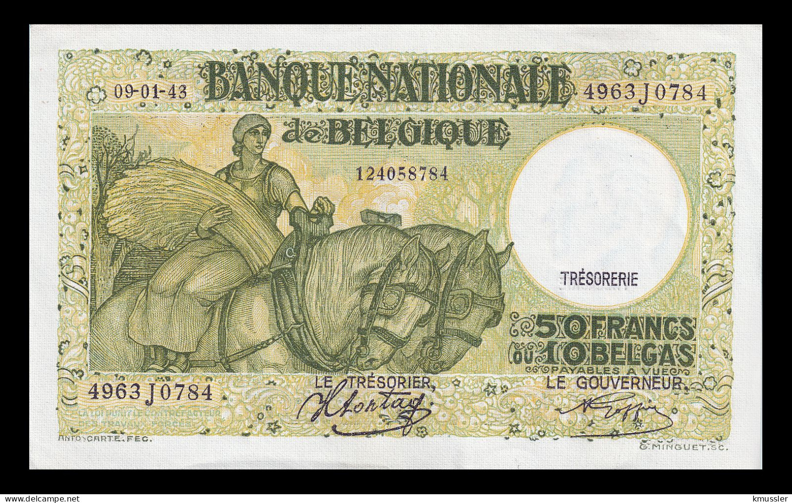 # # # Banknote Belgien (Belgium) 50 Francs 1943 AUNC- # # # - 50 Francos-10 Belgas