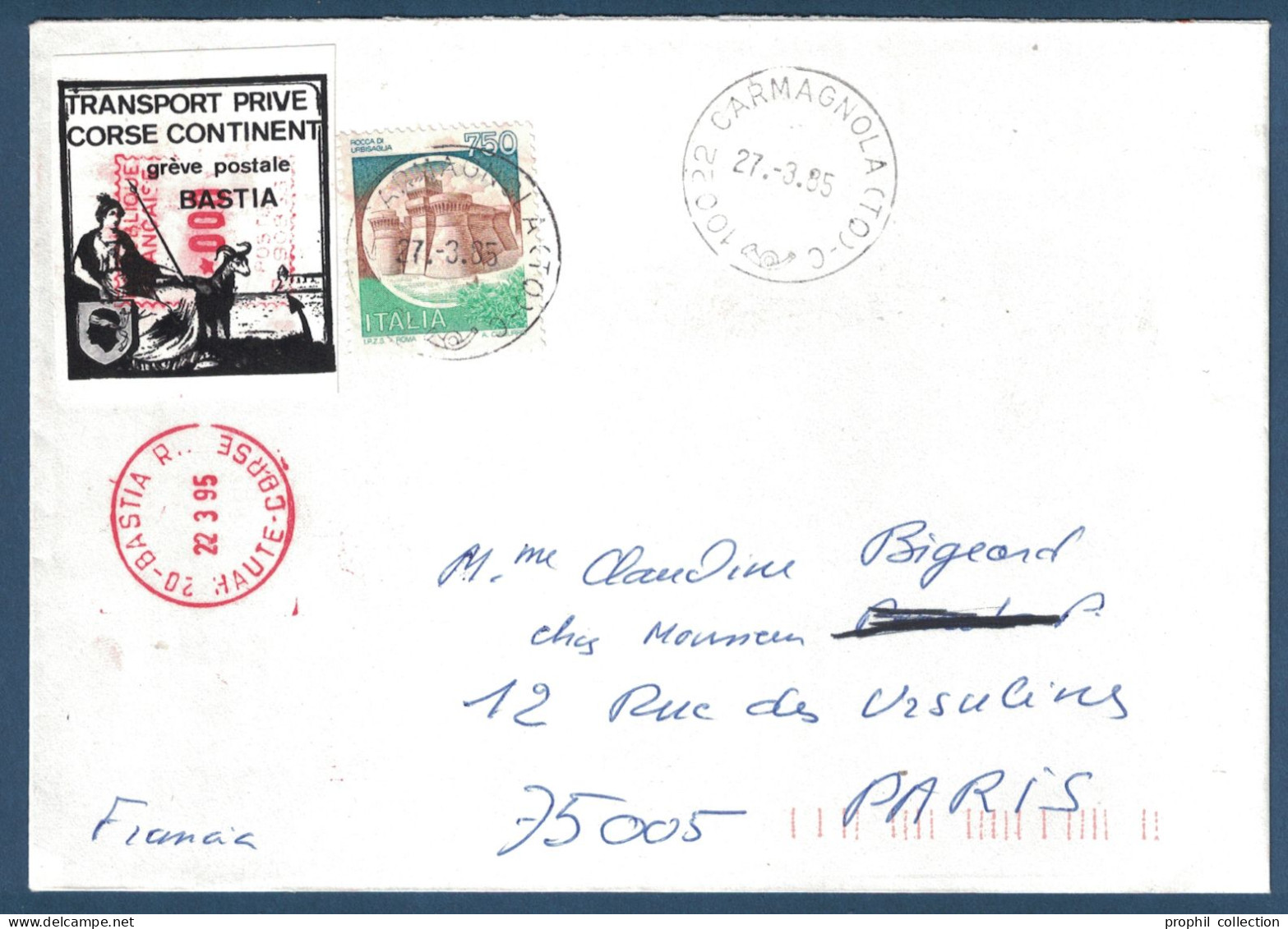 LETTRE GREVE POSTALE BASTIA 1995 VIGNETTE TRANSPORT PRIVÉ CORSE CONTINENT + TIMBRE ITALIEN CAD CACHET CARMAGNOLA - Documentos