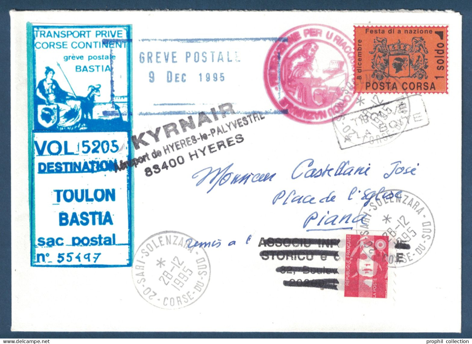 LETTRE GREVE POSTALE BASTIA 1995 VIGNETTE TRANSPORT PRIVÉ CORSE CONTINENT + VIGNETTE POSTA CORSA CAD SOLENZARA KYRNAIR - Documenti