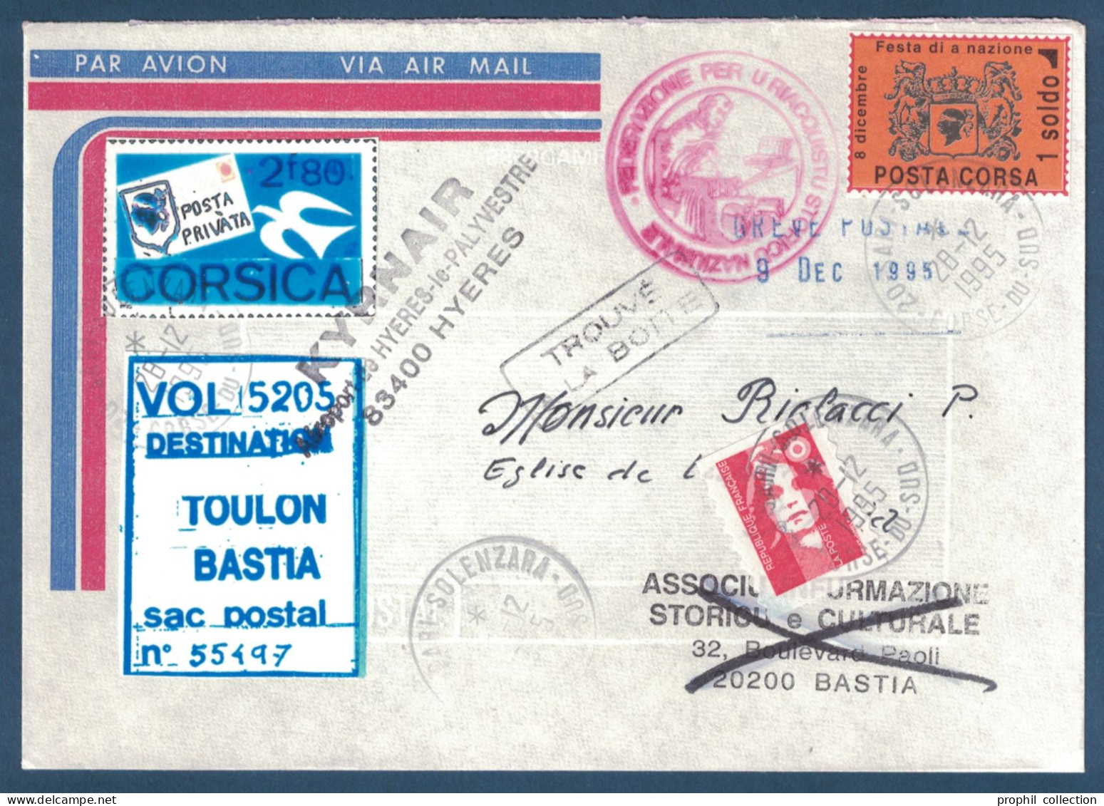 LETTRE GREVE POSTALE BASTIA 1995 VIGNETTE TRANSPORT PRIVÉ CORSE CONTINENT + VIGNETTE POSTA CORSA CAD SOLENZARA KYRNAIR - Documentos