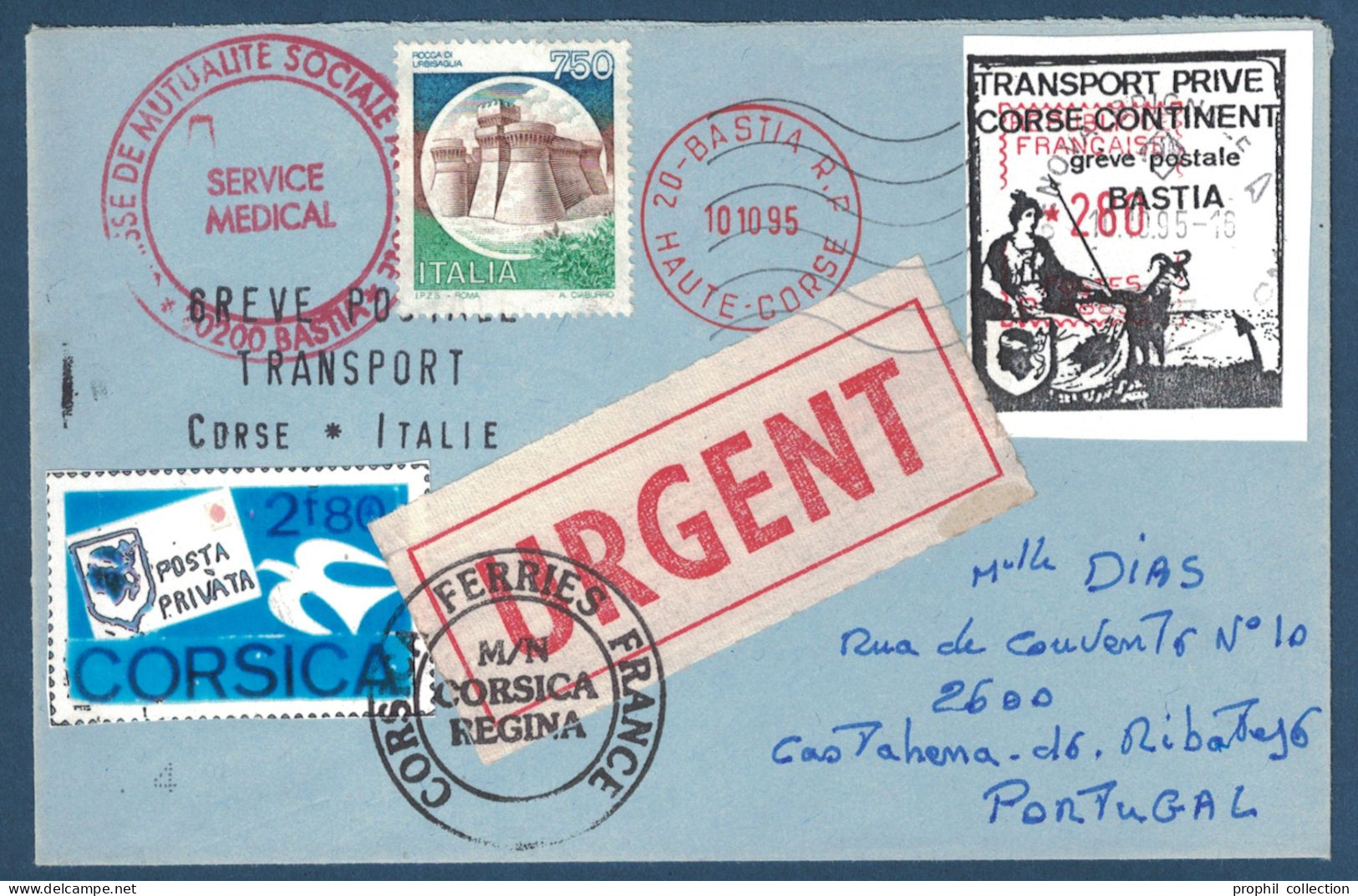 LETTRE GREVE POSTALE BASTIA 1995 VIGNETTE TRANSPORT PRIVÉ CORSE CONTINENT + TIMBRE ITALIEN URGENT CORSICA FERRIES - Documents