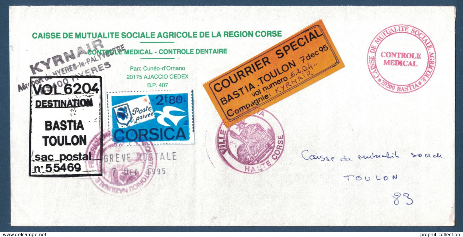 LETTRE GREVE POSTALE 1995 VIGNETTE COURRIER SPECIAL BASTIA CORSE TOULON TIMBRE POSTA CORSA VOL 6204 TRANSPORT PRIVÉ - Documenten