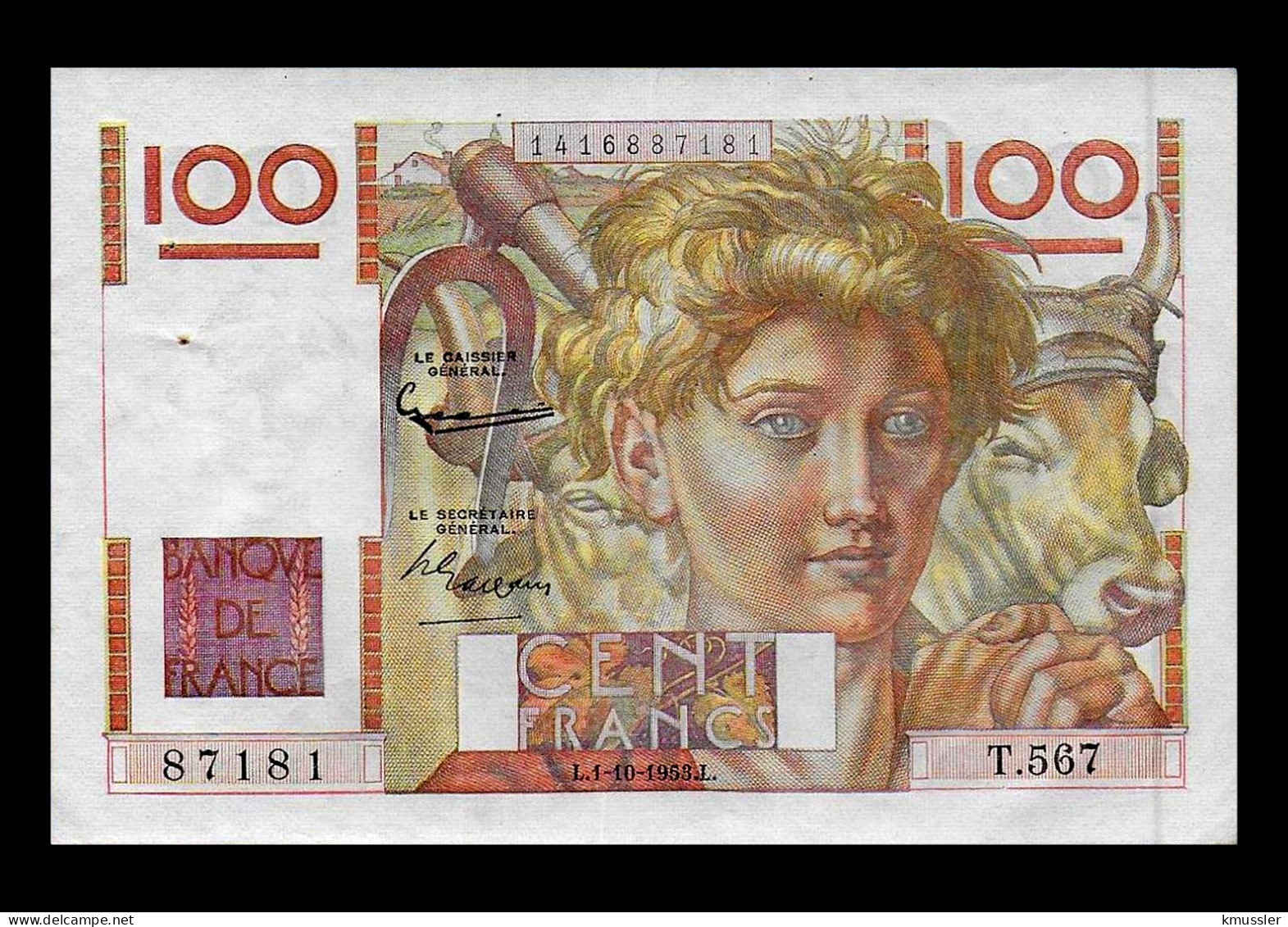 # # # Banknote Frankreich (France) 100 Francs 1953 AUNC- # # # - 100 F 1945-1954 ''Jeune Paysan''