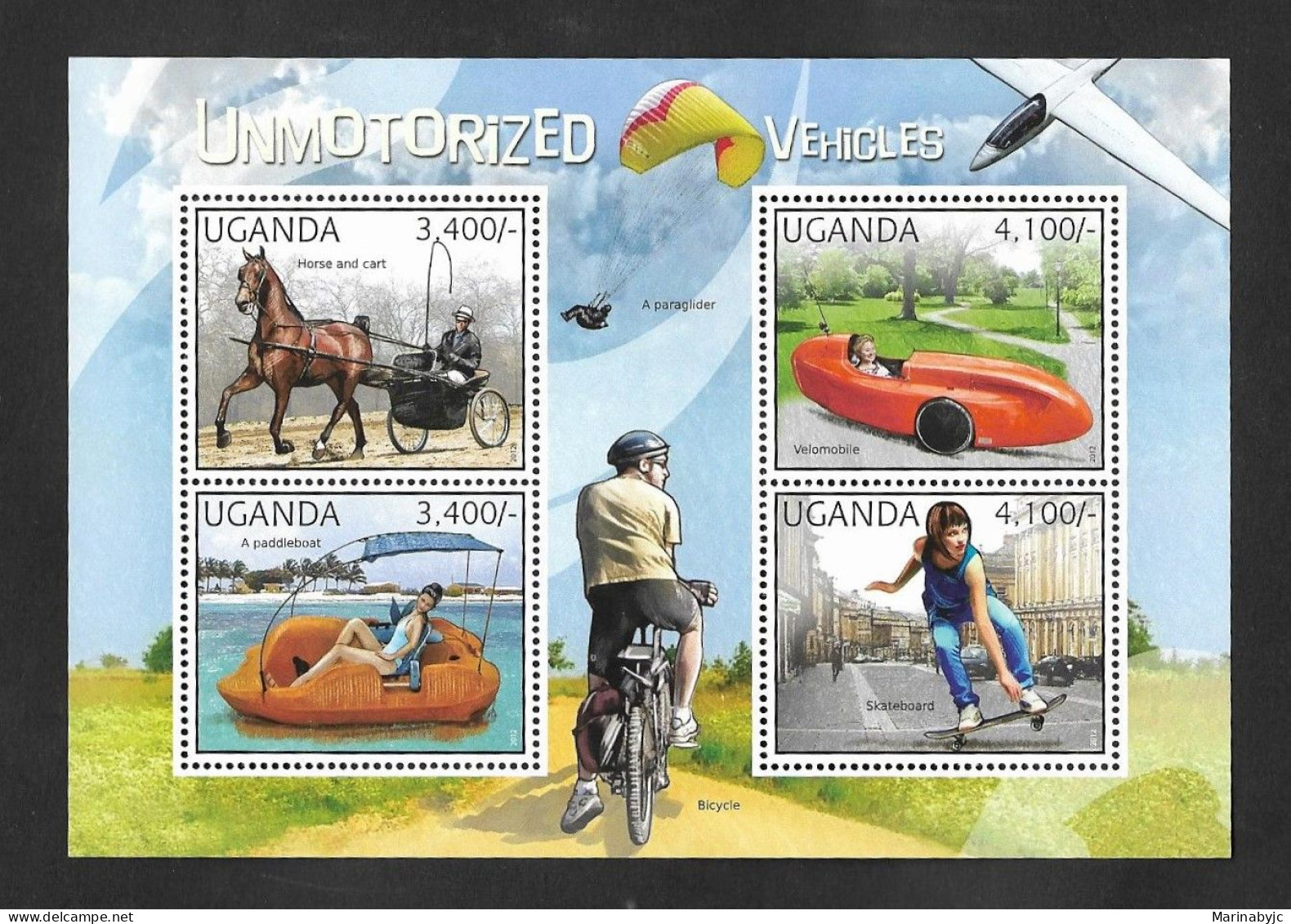 SE)2012 UGANDA, NON-MOTORIZED TRANSPORT, HORSE AND CART, VELOMOBILE, ROWBOAT, SKATEBOARD, SS, MNH - Uganda (1962-...)