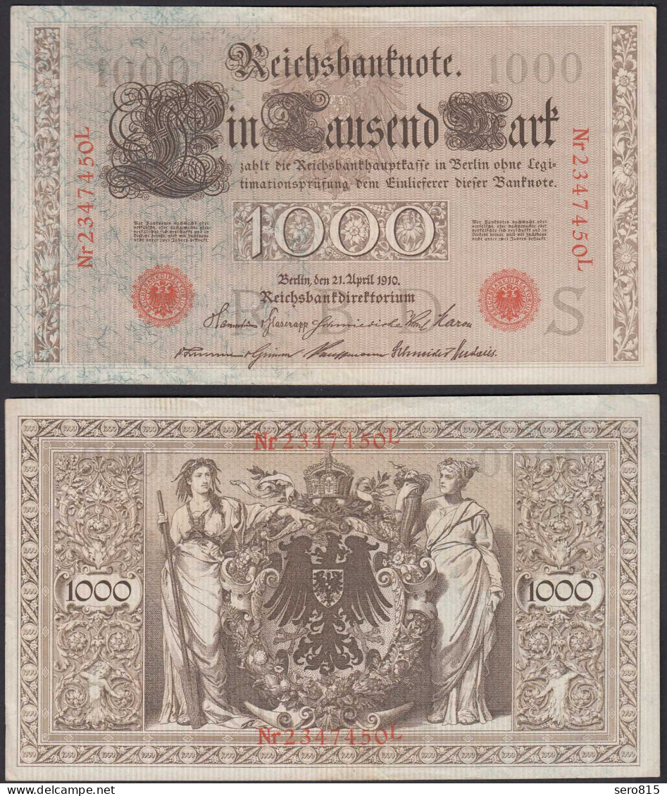 Ros 45g 1000 Mark Reichsbanknote 21.4.1910  XF (2) Pick 44b Udr S Serie L (26628 - Autres & Non Classés